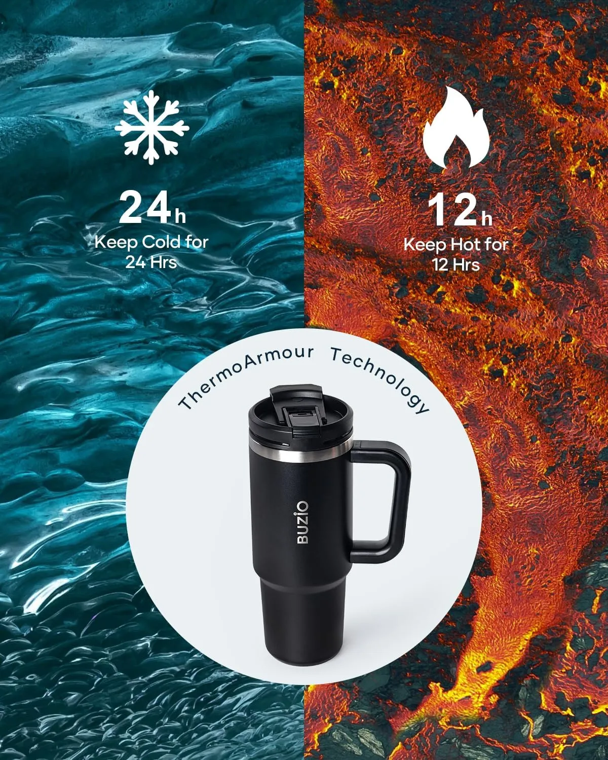 BUZIO 30 oz Tumbler with Handle, Stainless Steel Vacuum Insulated Tumbler with 2-in-1 Lid and Straw, Leak-proof Double Walled Travel Coffee Mug for Water, Tea or Coffee, Black