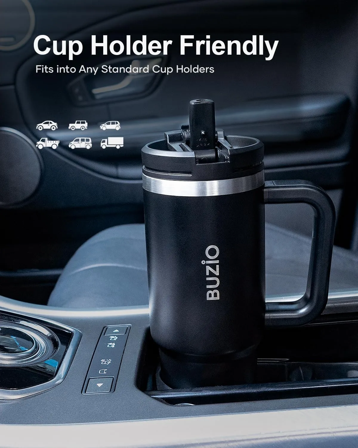 BUZIO 30 oz Tumbler with Handle, Stainless Steel Vacuum Insulated Tumbler with 2-in-1 Lid and Straw, Leak-proof Double Walled Travel Coffee Mug for Water, Tea or Coffee, Black