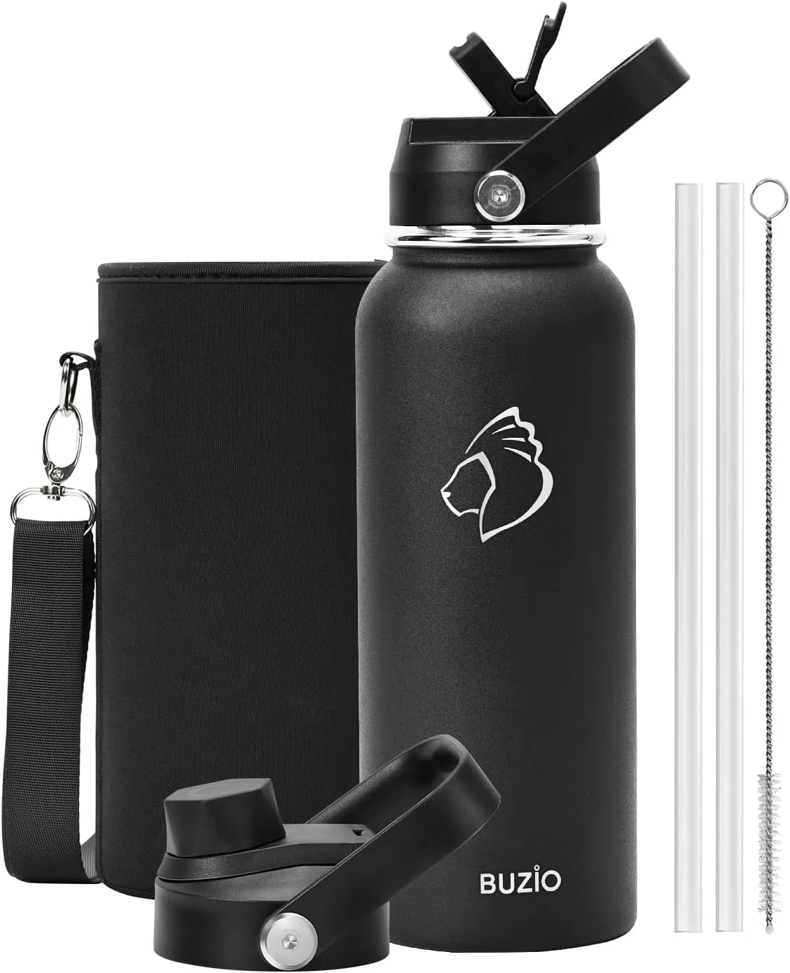 BUZIO 40oz Insulated Water Bottle, Stainless Steel Water Flask with Straw Lid and carrying pouch, Keep Cold 48h Leak Proof Double Wall Vacuum Travel Mug Metal Canteen for Gym Camp Beach, Black
