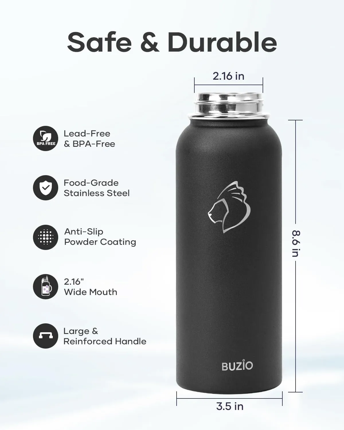 BUZIO 40oz Insulated Water Bottle, Stainless Steel Water Flask with Straw Lid and carrying pouch, Keep Cold 48h Leak Proof Double Wall Vacuum Travel Mug Metal Canteen for Gym Camp Beach, Black