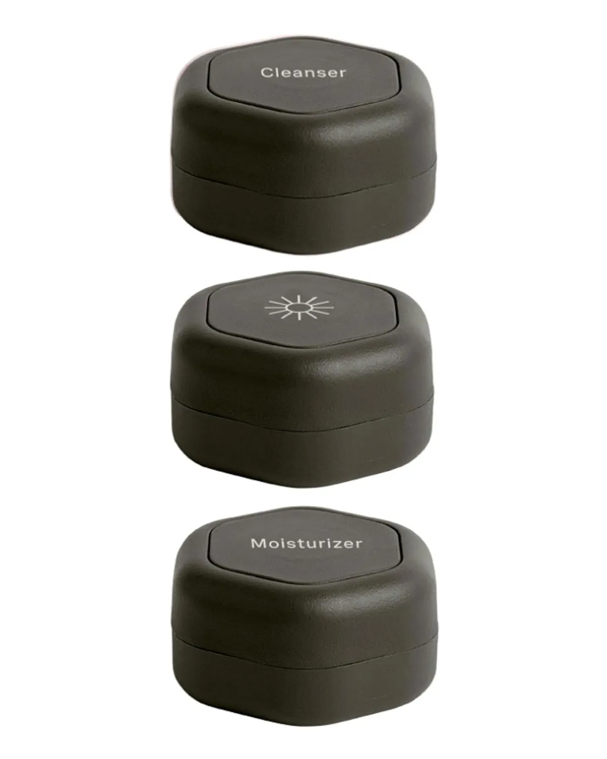 Cadence Travel Containers - Basic Skincare Set - Magnetic Travel Capsules - Facial Cleanser, Moisturizer, Sunscreen - 3 Small Capsules (0.56oz) with Cleanser, Moisturizer & Sun-Icon Labels - Charcoal