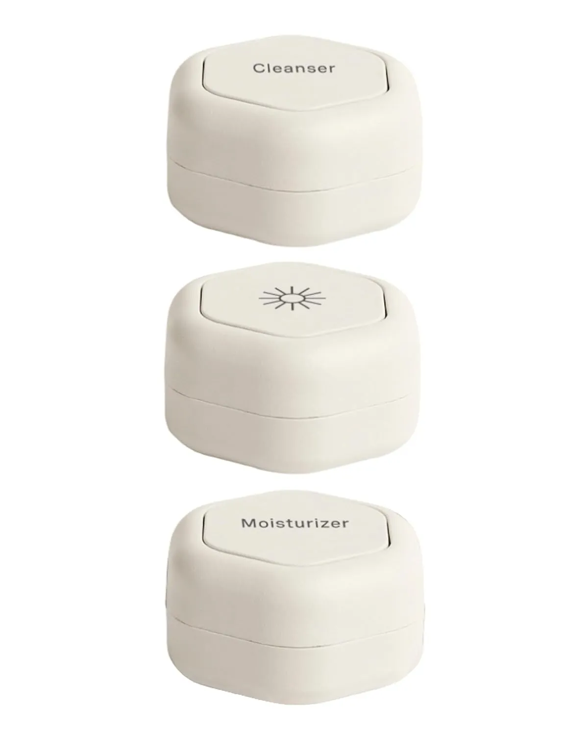 Cadence Travel Containers - Basic Skincare Set - Magnetic Travel Capsules - For Facial Cleanser, Moisturizer, Sunscreen - 3 Small Capsules (0.56oz) with Cleanser, Moisturizer & Sun-Icon Labels - Sand