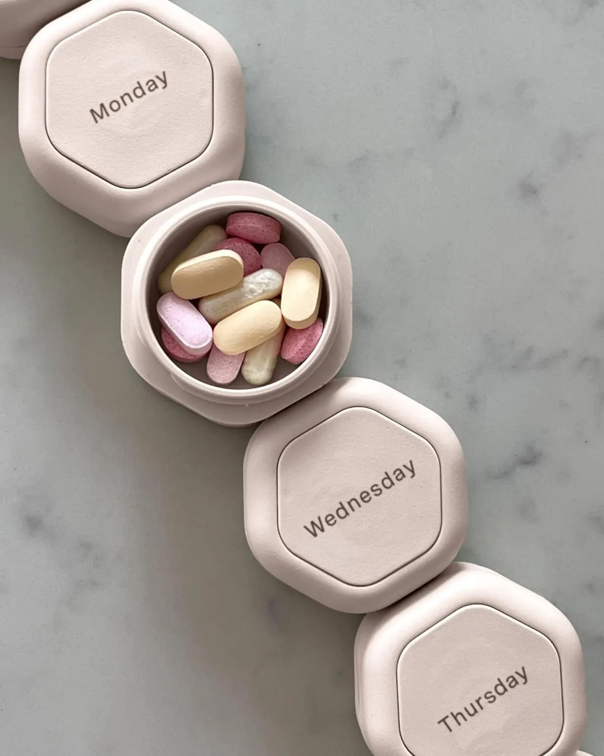 Cadence Travel Containers - Pill Case Set - Magnetic Travel Capsules - A Daily Pill Box for Supplements & Vitamins - Contains 7 Flex Smalls (0.56oz) with Labels for Everyday of The Week - Petal