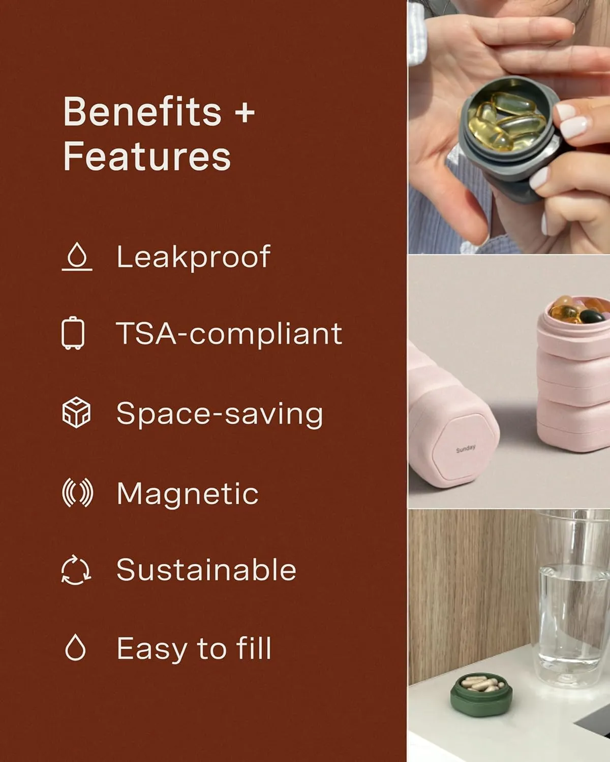 Cadence Travel Containers - Pill Case Set - Magnetic Travel Capsules - A Daily Pill Box for Supplements & Vitamins - Contains 7 Flex Smalls (0.56oz) with Labels for Everyday of The Week - Petal
