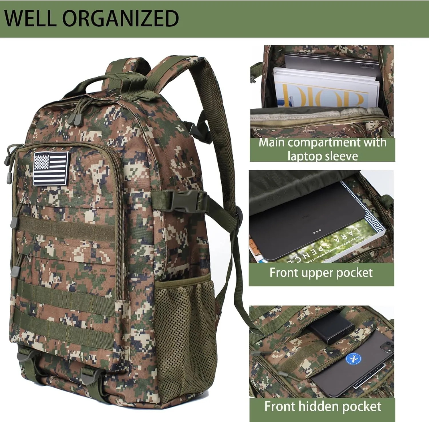 Camo Backpack for Boys,Kids Army Backpack Boys with USA Flag Patch,35L Waterproof Tactical School Backpack for Travel Outdoor