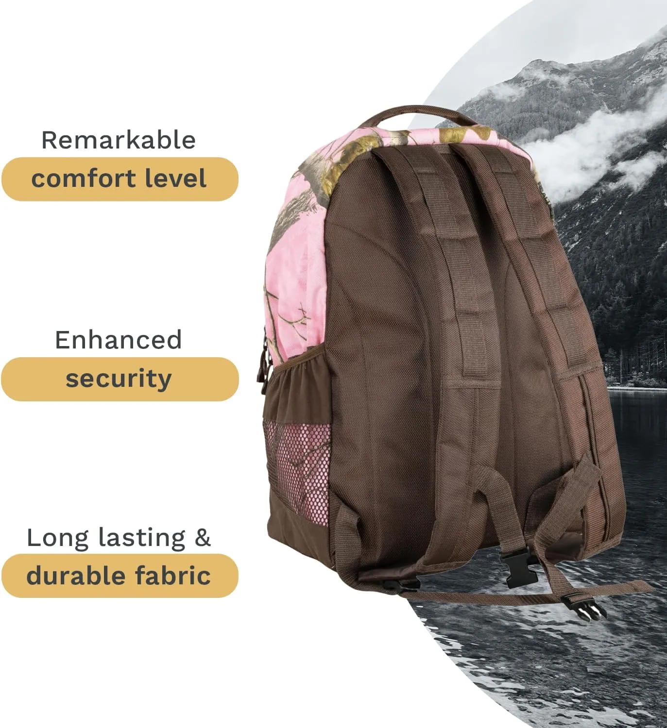 Camo Backpack in Licensed Realtree Prints, Lightweight and Durable Backpack, Hiking and Hunting with YKK Zipper (Xtra Pink/Chocolate)