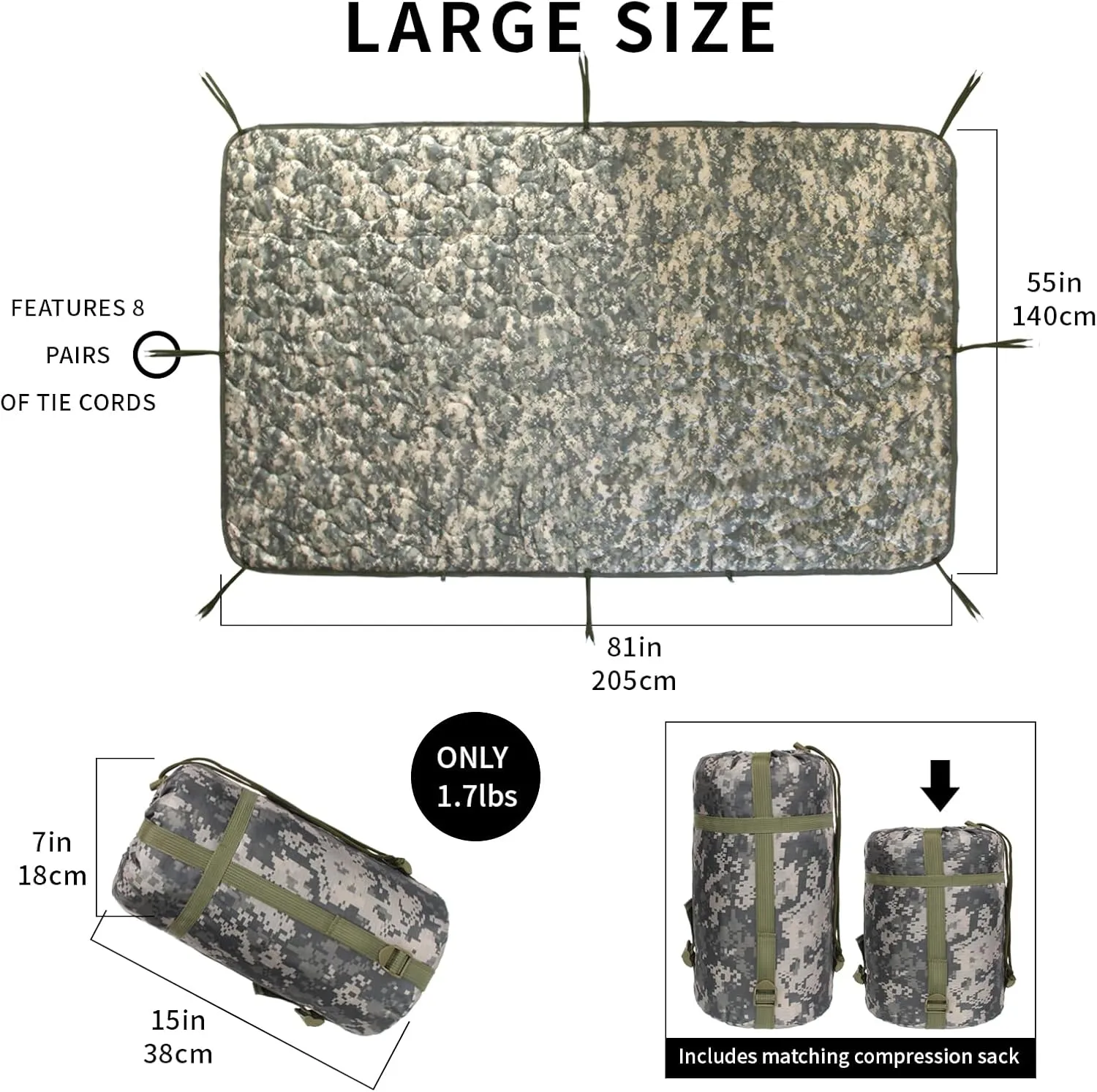 Camo Poncho Liner, Army Blanket, Military Sleeping Bag, with A Compression Carrying Bag, for Traveling, Hiking, Camping, Outdoor Survival, Car Blanket