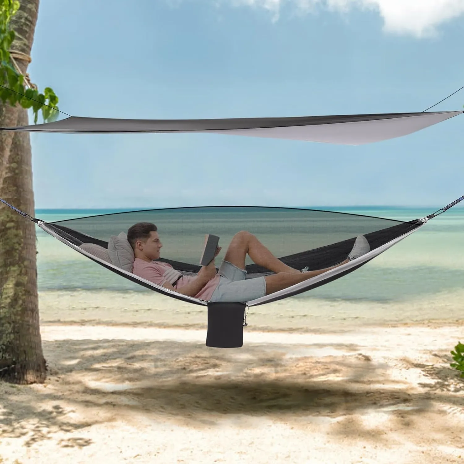 Camping Hammock, Hammocks with Mosquito Net Tent and Rain Fly Tarp, Double&Single Sizes w/Tree Straps and Attached Carry Bag, 400 lb Capacity, Indoor Outdoor Backpacking Travel (Black Grey)