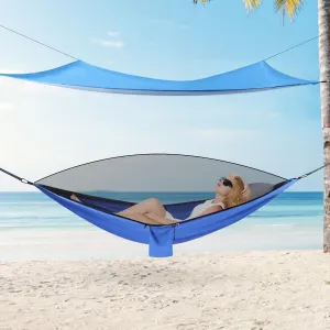 Camping Hammock - Hammocks with Net Tent and Rain Fly Tarp, Portable Single & Double Nylon Parachute Hammock with Heavy Duty Tree Strap, Indoor Outdoor Backpacking Survival Travel, Blue