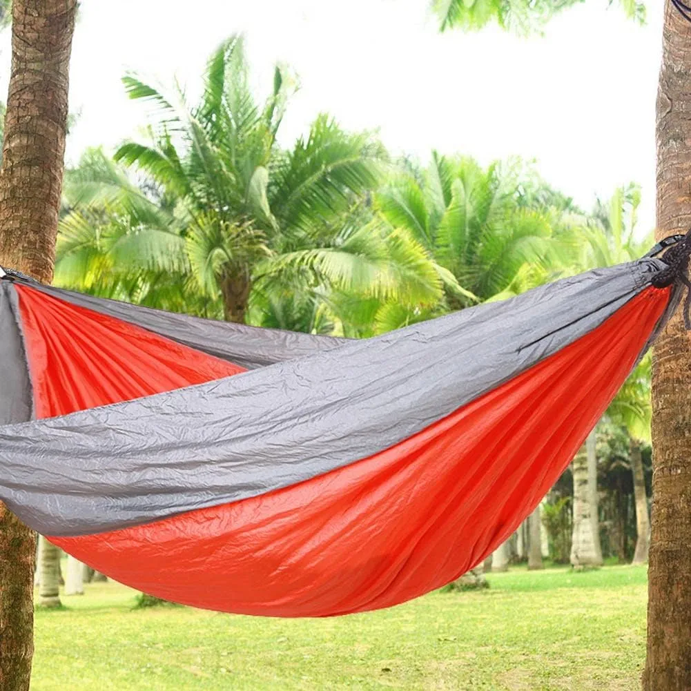 Camping Hammock, Nylon Portable Hammocks Parachute Hammock with Two Tree Straps, Single or Double Travel Swing, Outdoor Essentials for Beach Backpacking Hiking Backyard (Grey red)