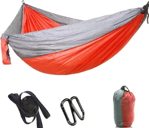 Camping Hammock, Nylon Portable Hammocks Parachute Hammock with Two Tree Straps, Single or Double Travel Swing, Outdoor Essentials for Beach Backpacking Hiking Backyard (Grey red)