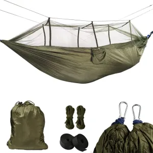 Camping Hammock with Mosquito Net Portable Lightweight Hanging Hammocks with 2 Tree Straps 210T Parachute Nylon Hammock for Outdoor Hiking Survival Travel, Green