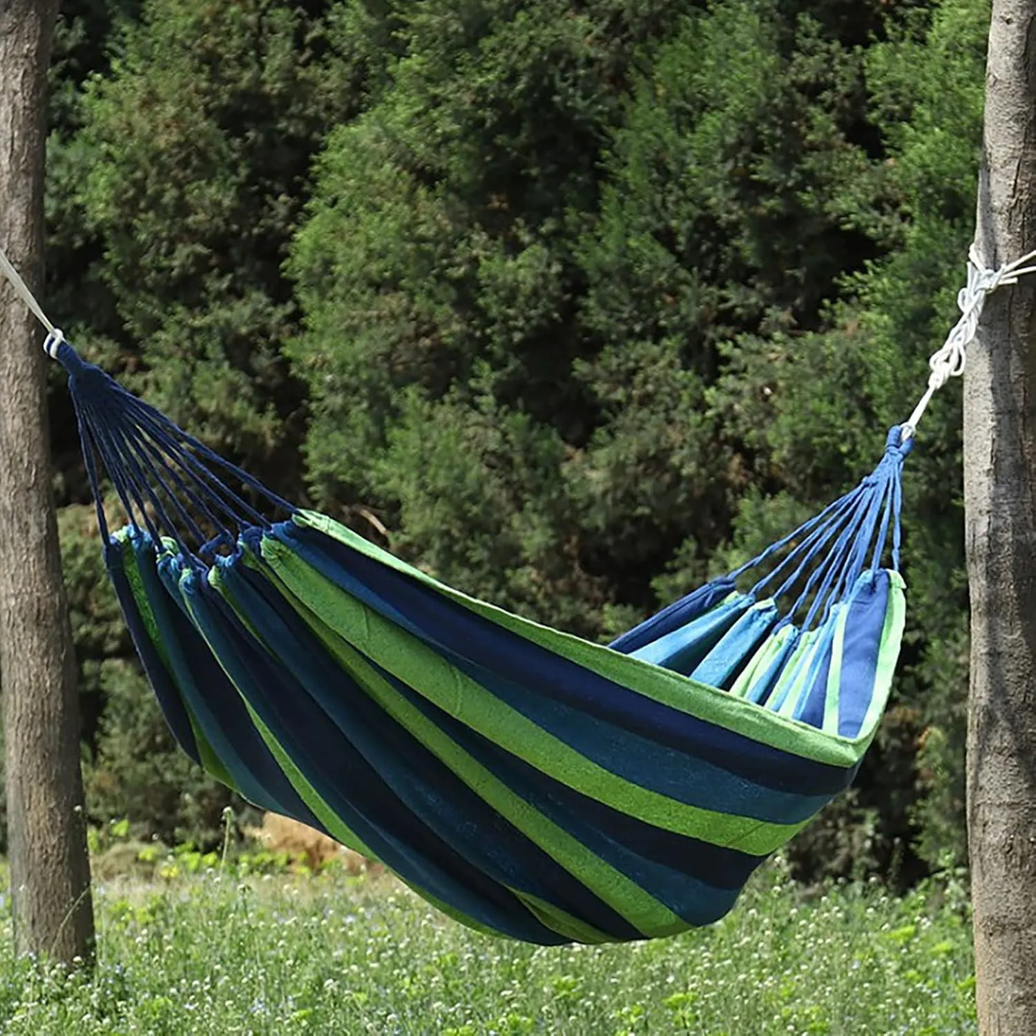 Camping Hammock,Outdoor Travel Woven Hammock Garden Swing with Carry Bag,Portable Camping Hammock with Hardwood Spreader Bar,Outdoor Travel Hammock for Summer Camping, (Blue)