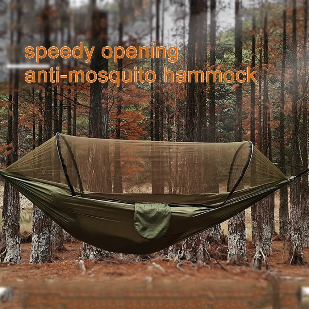 Camping Hammock,travel Hammock,Automatic Quick-open with Mosquito Net, Nylon Fabric, Suitable for Camping, Camping and Beach Scenarios.(Dark green)