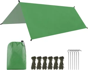 Camping Tarp, 9.8 * 9.8ft Multifunctional Water Proof Camping Tarp with Stakes, Strings, Storage Bag, Outdoor Sunshade Tent Rain Shelter for Beach Picnic (One Size)
