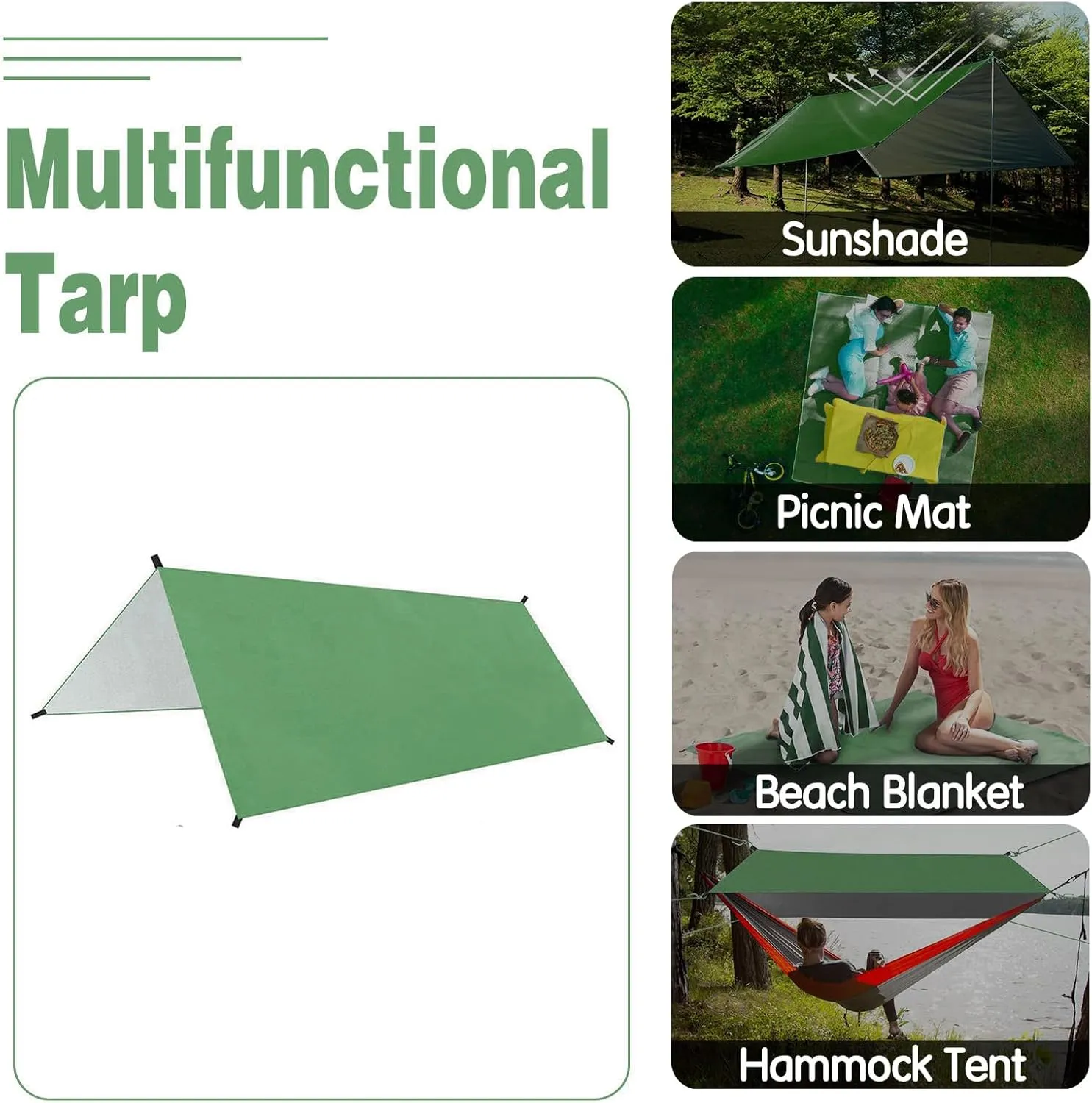 Camping Tarp, 9.8 * 9.8ft Multifunctional Water Proof Camping Tarp with Stakes, Strings, Storage Bag, Outdoor Sunshade Tent Rain Shelter for Beach Picnic (One Size)