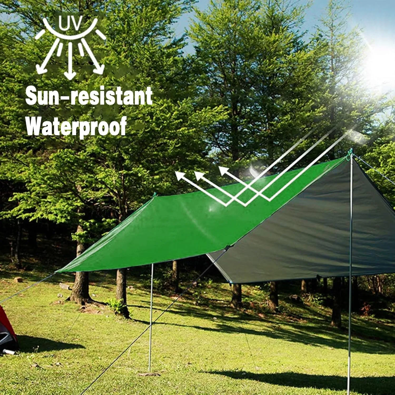 Camping Tarp, 9.8 * 9.8ft Multifunctional Water Proof Camping Tarp with Stakes, Strings, Storage Bag, Outdoor Sunshade Tent Rain Shelter for Beach Picnic (One Size)
