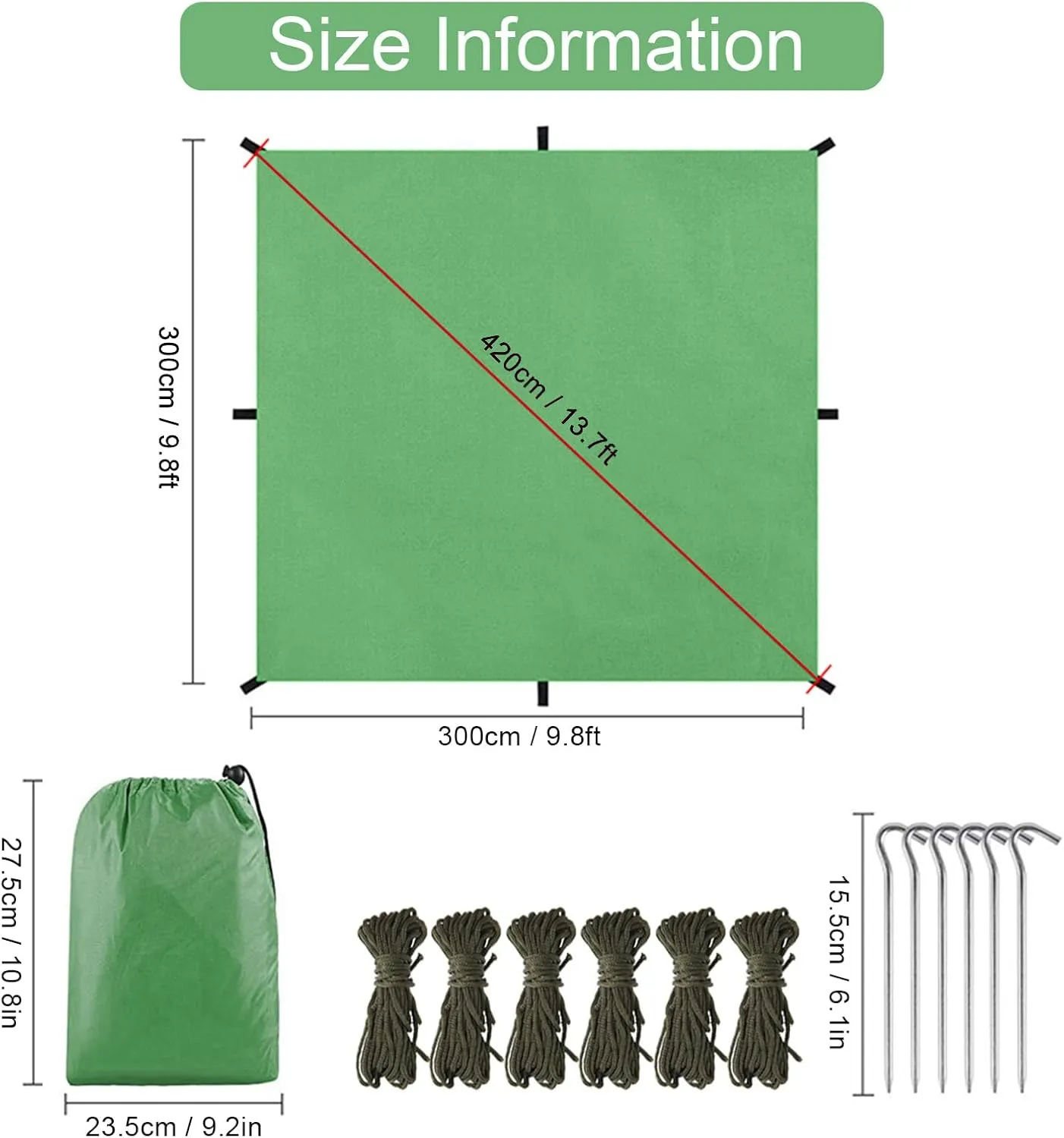 Camping Tarp, 9.8 * 9.8ft Multifunctional Water Proof Camping Tarp with Stakes, Strings, Storage Bag, Outdoor Sunshade Tent Rain Shelter for Beach Picnic (One Size)