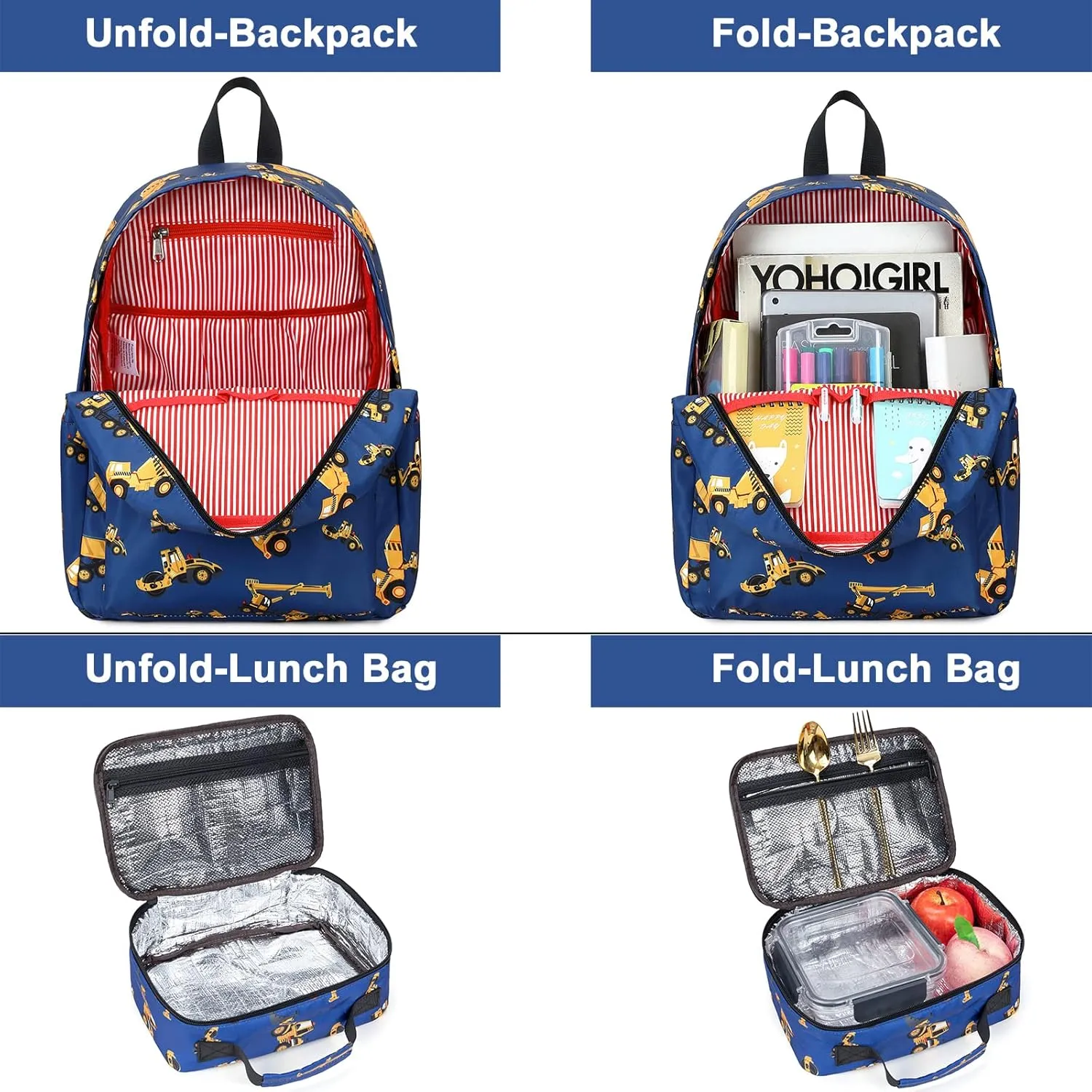 CAMTOP Backpack for Kids, Boys Preschool Backpack with Lunch Box Toddler Kindergarten School Bookbag Set (Engineering Vehicle)