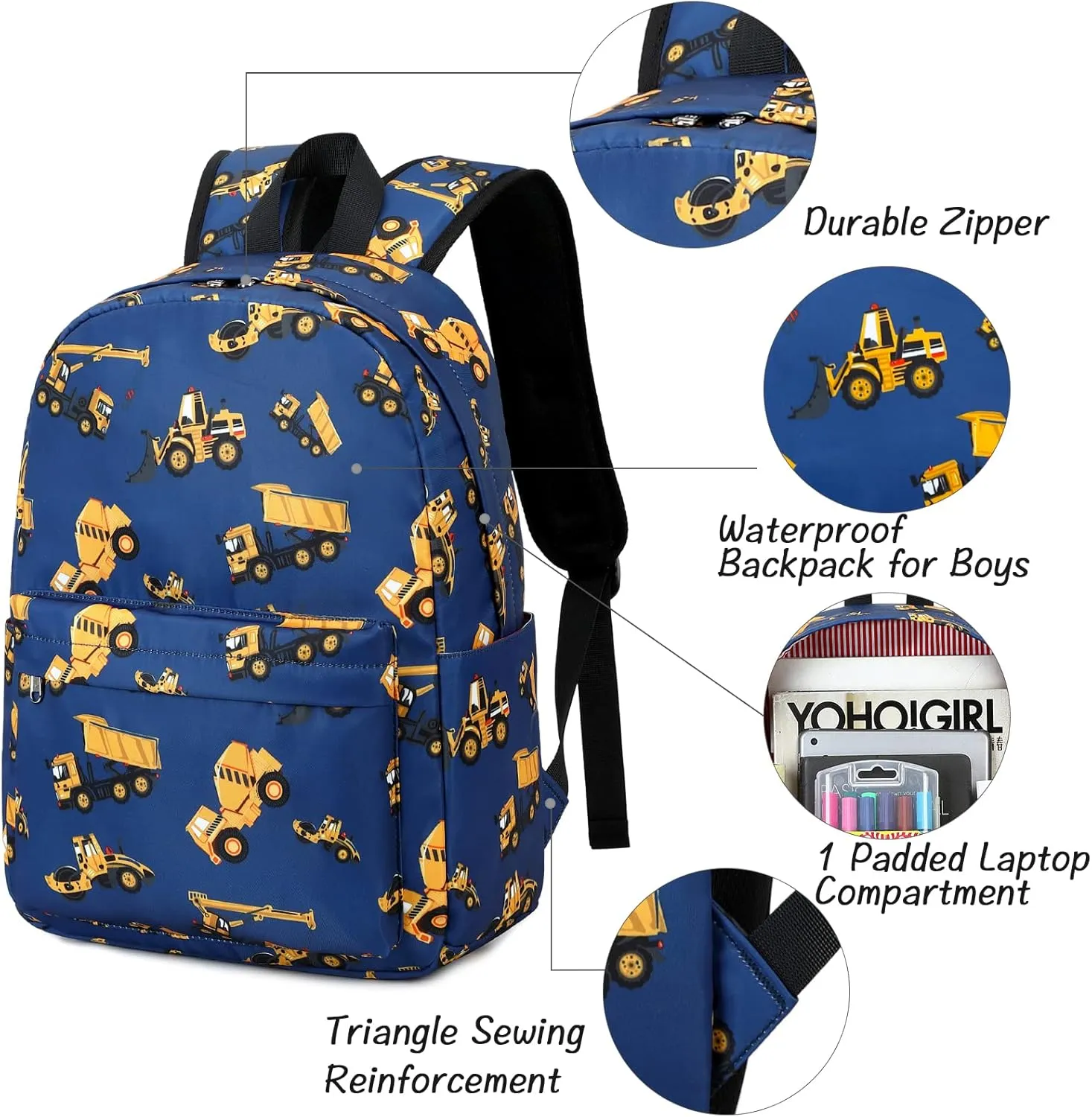 CAMTOP Backpack for Kids, Boys Preschool Backpack with Lunch Box Toddler Kindergarten School Bookbag Set (Engineering Vehicle)