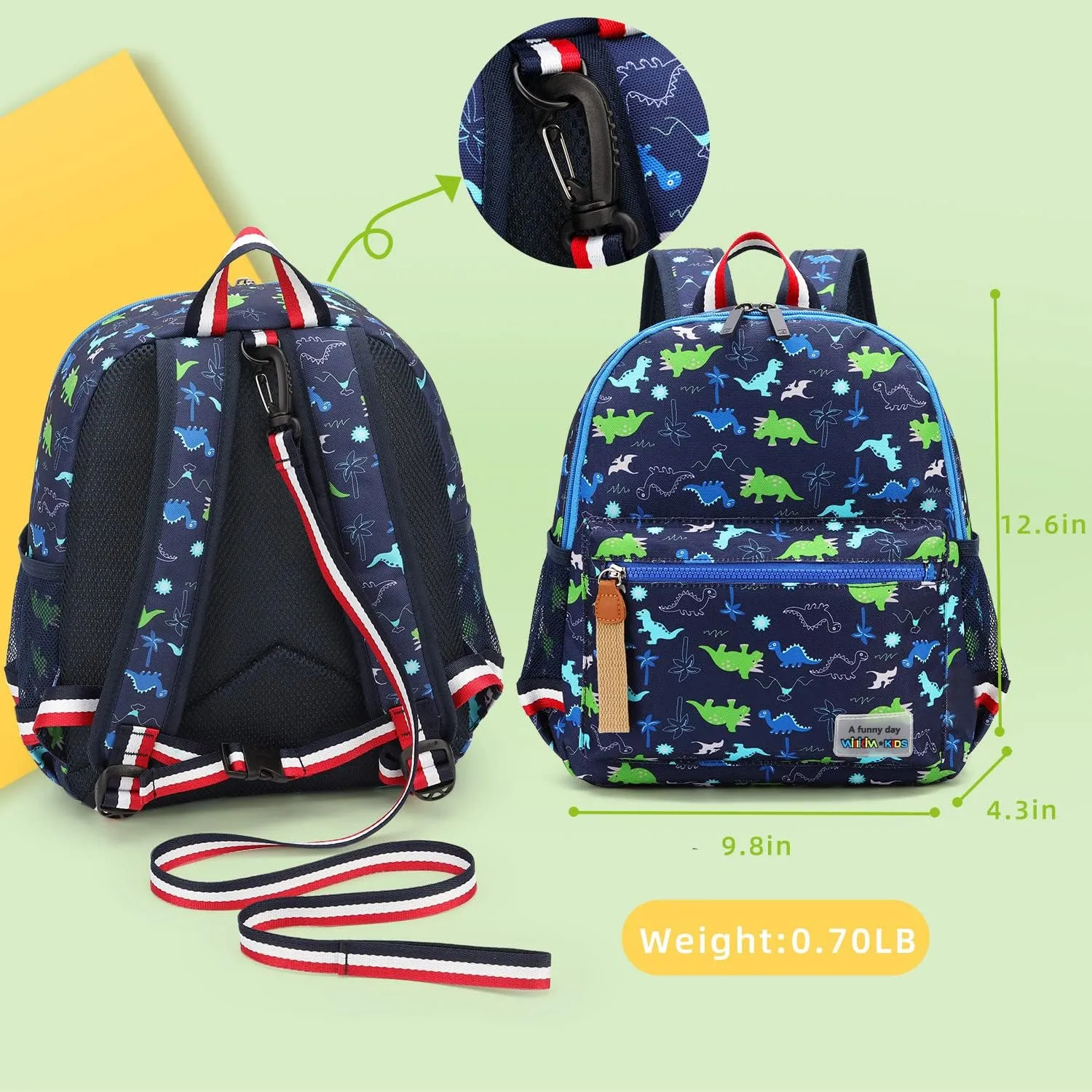 Cartoon Bus 12 Kindergarten Backpack for Kids Girls and Boys,Waterproof Preschool Toddler Backpack Wiht Leash and Safety Harness (Green Dinosaur)