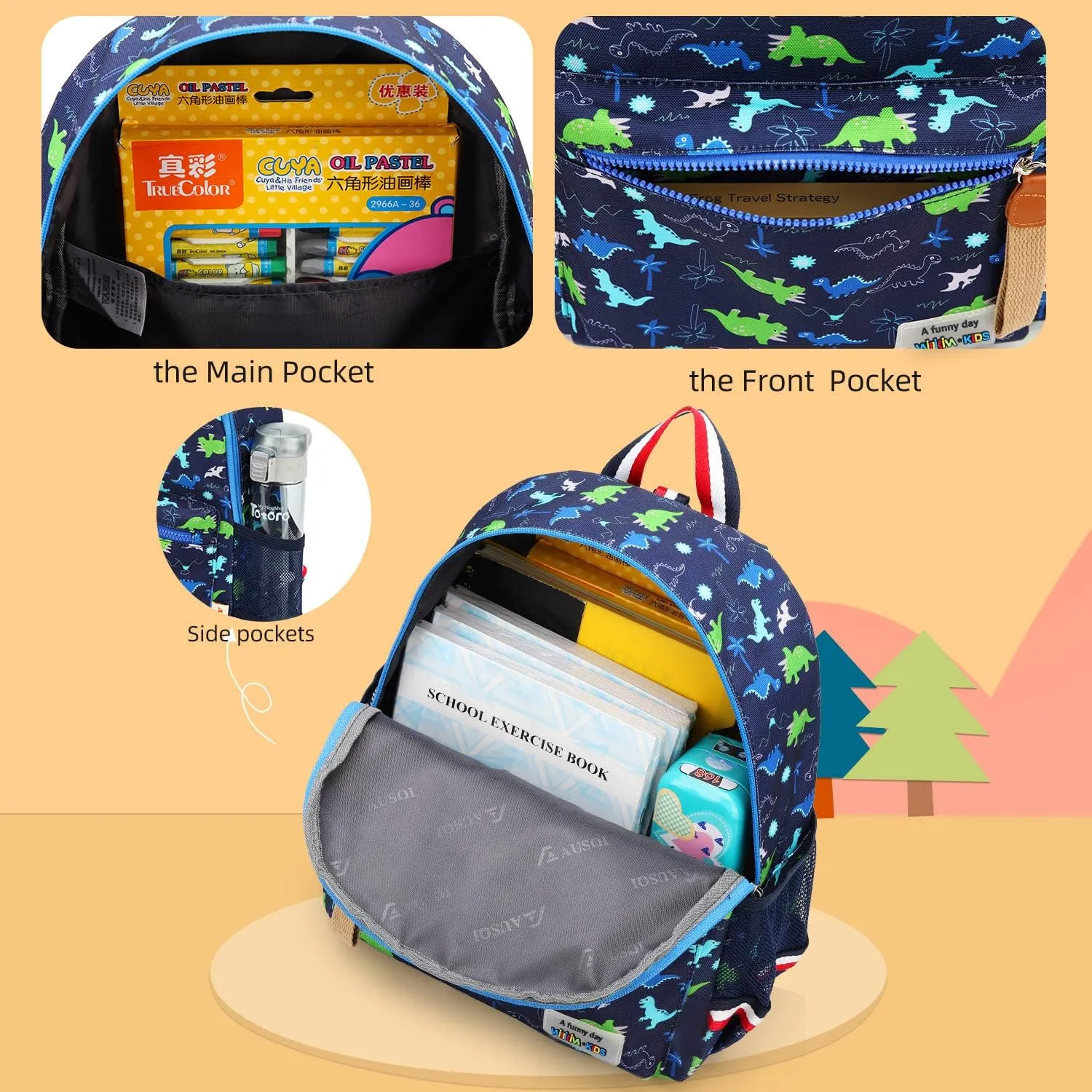 Cartoon Bus 12 Kindergarten Backpack for Kids Girls and Boys,Waterproof Preschool Toddler Backpack Wiht Leash and Safety Harness (Green Dinosaur)