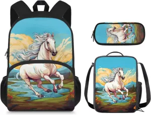 Cartoon Horse Backpack and Lunch Box Set for Boys Grade 5-6, Girls Bookbag Set for Primary School Waterproof School Bags for Teen Girls Back to School Pack of 3