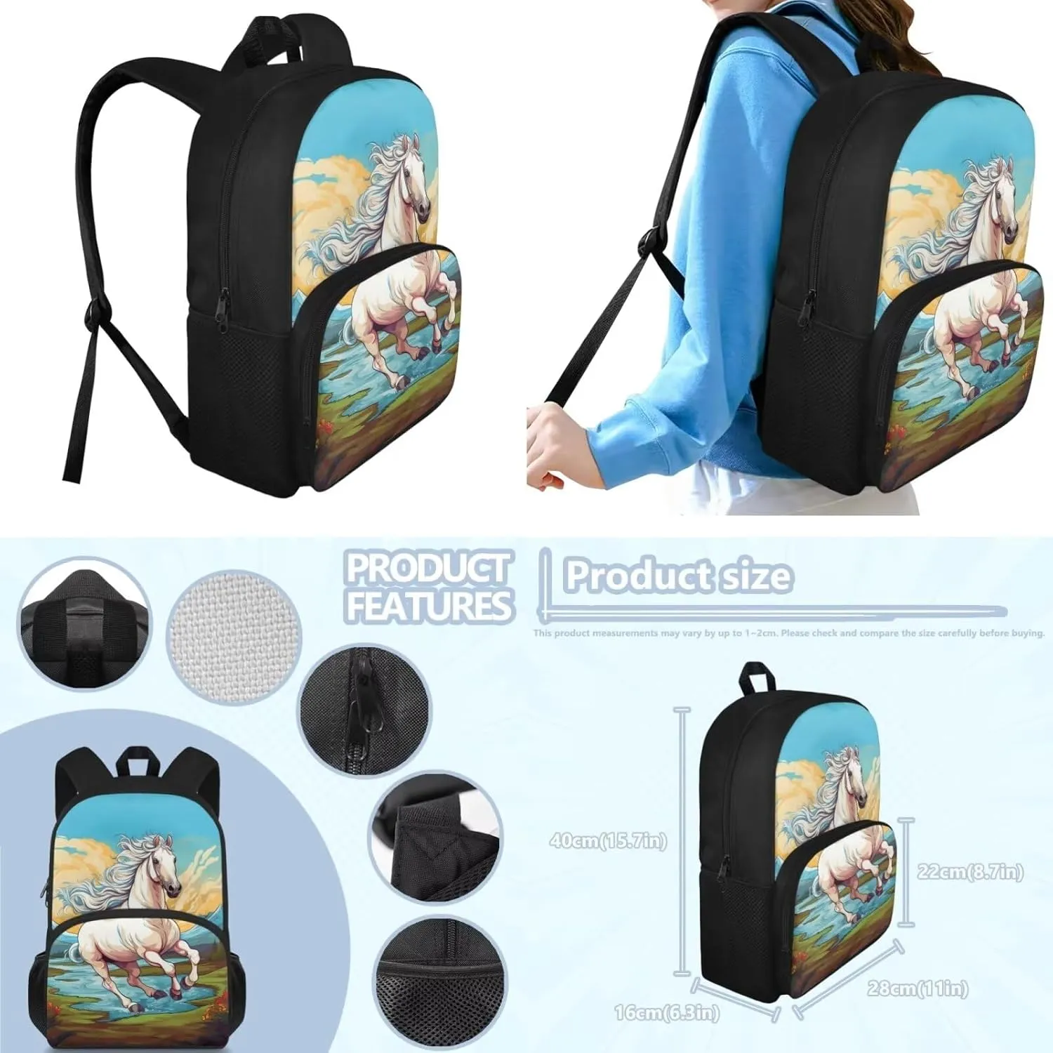 Cartoon Horse Backpack and Lunch Box Set for Boys Grade 5-6, Girls Bookbag Set for Primary School Waterproof School Bags for Teen Girls Back to School Pack of 3