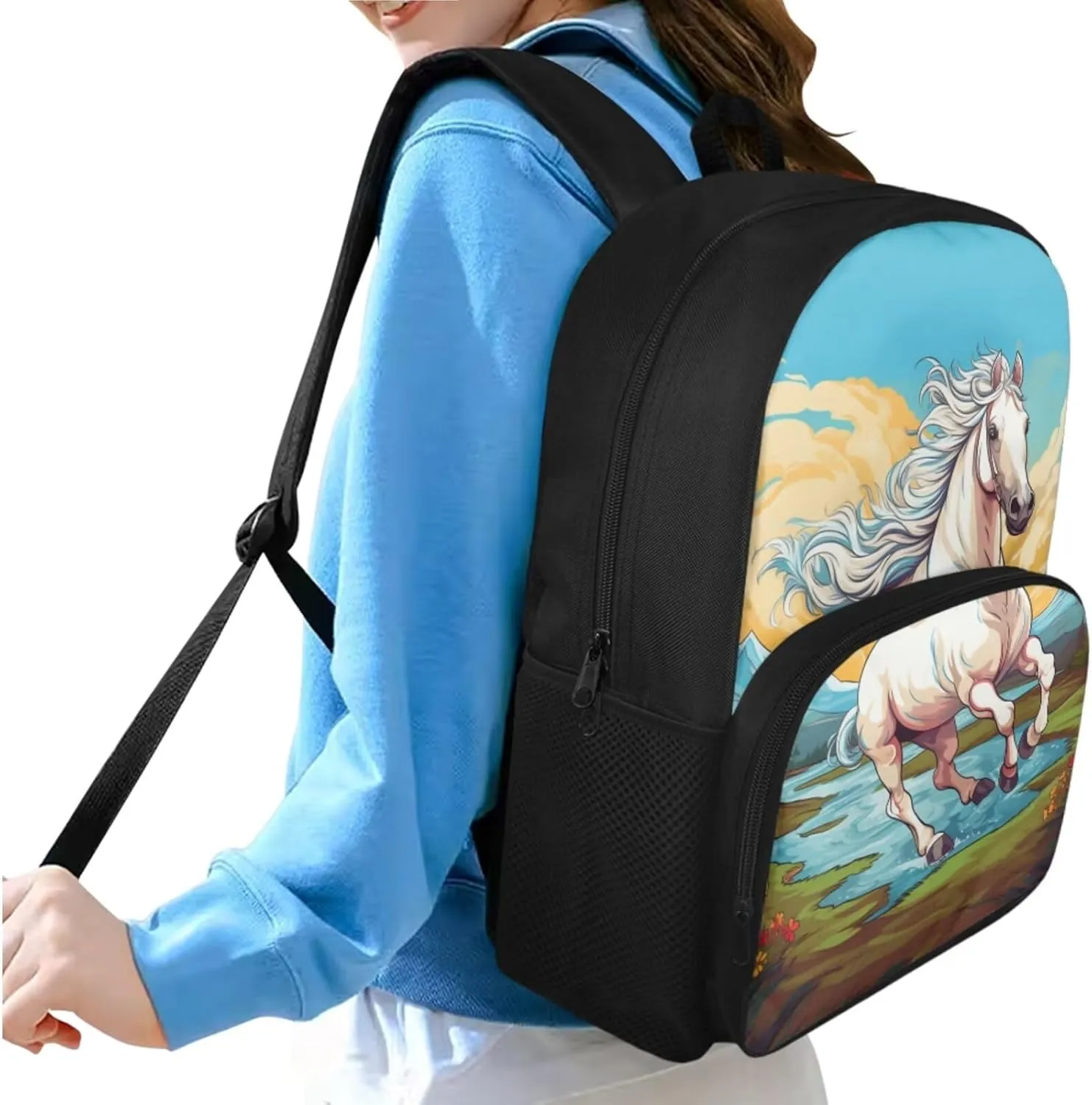 Cartoon Horse Backpack and Lunch Box Set for Boys Grade 5-6, Girls Bookbag Set for Primary School Waterproof School Bags for Teen Girls Back to School Pack of 3
