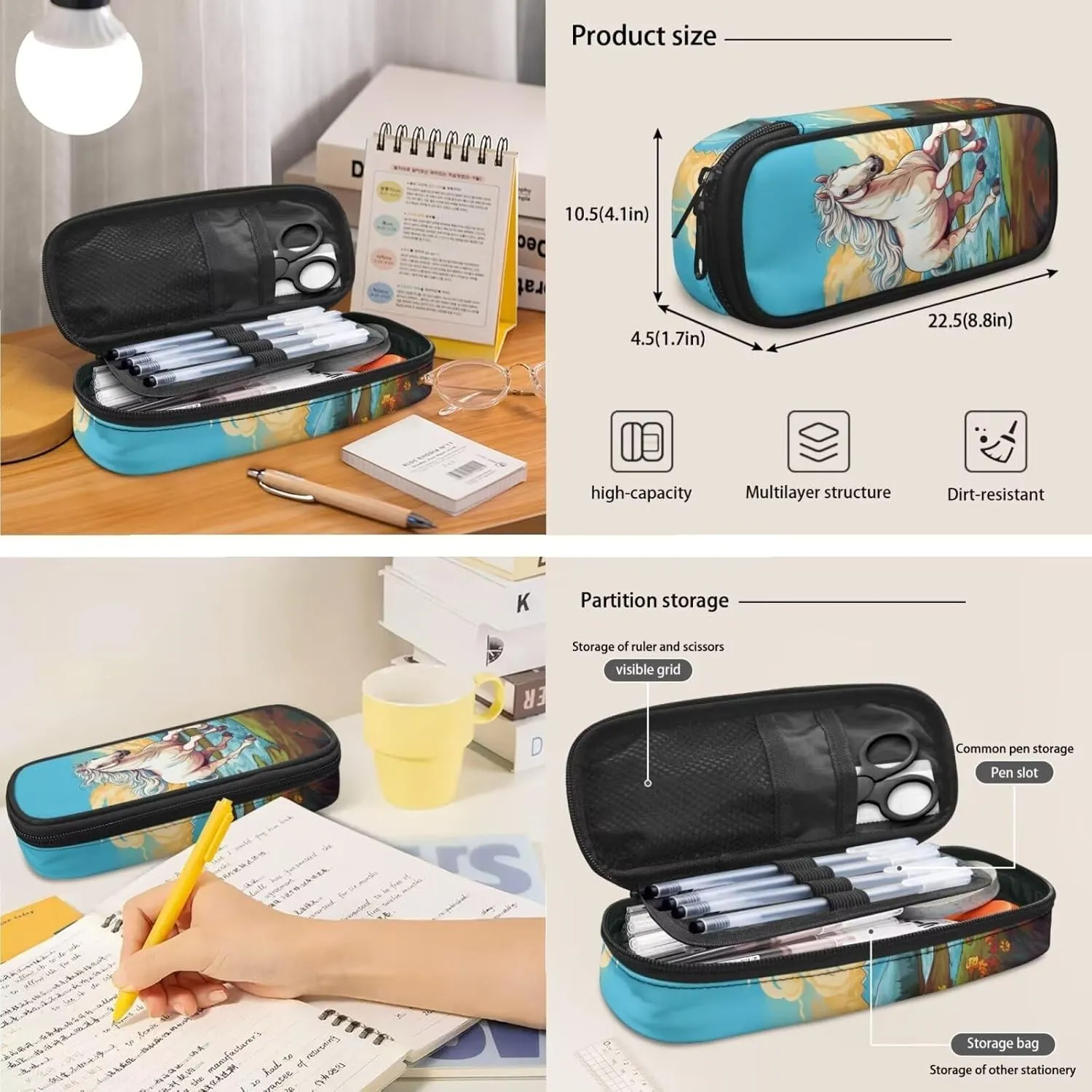 Cartoon Horse Backpack and Lunch Box Set for Boys Grade 5-6, Girls Bookbag Set for Primary School Waterproof School Bags for Teen Girls Back to School Pack of 3