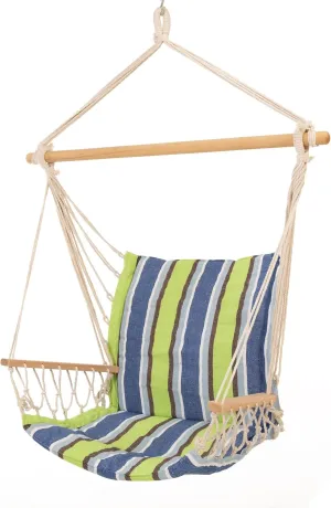Castaway Living Hammock Chair, Hanging Rope Cushioned Swing with Quick Dry Fabric for Indoor & Outdoor Use - Blue and Green Stripe