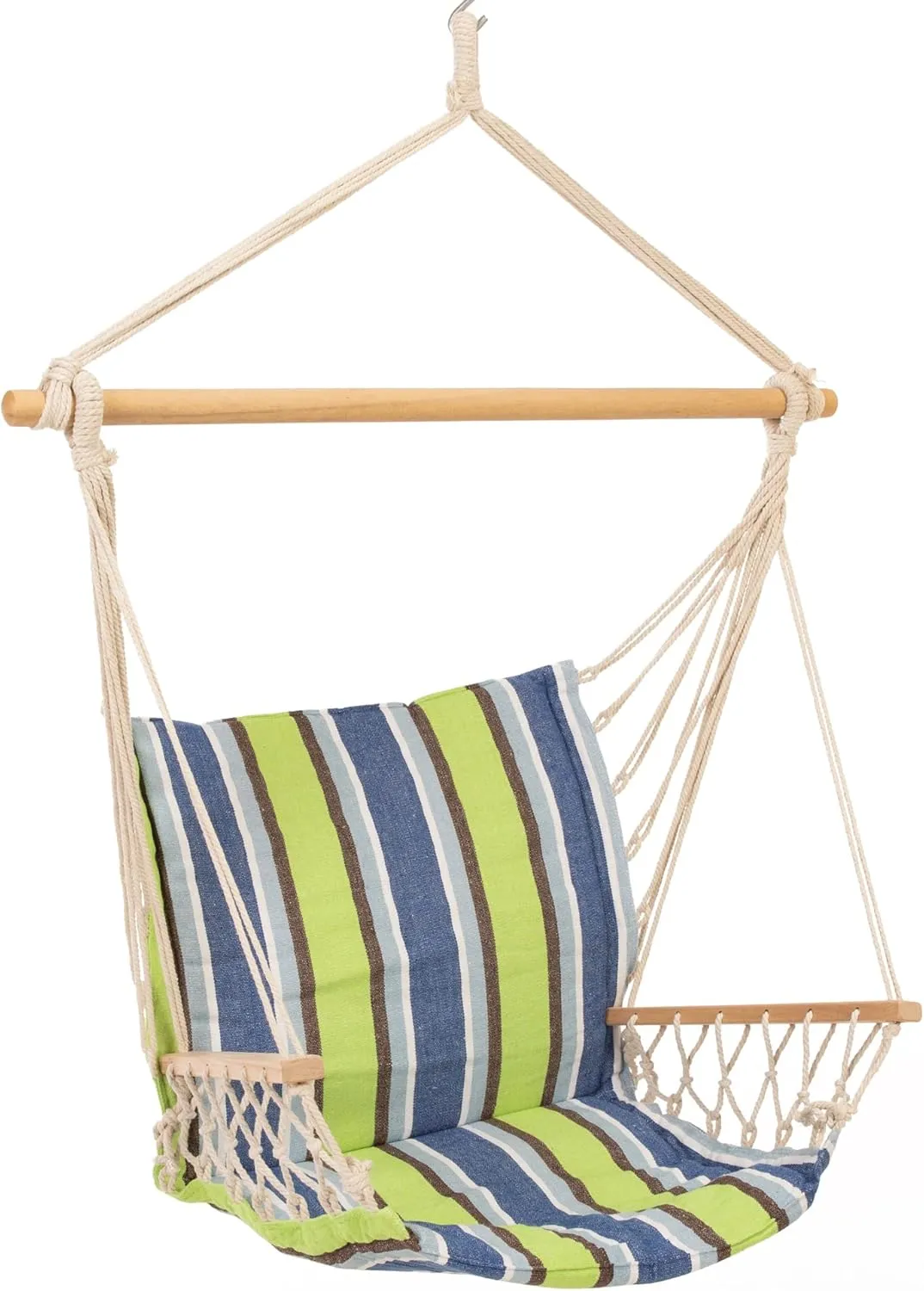Castaway Living Hammock Chair, Hanging Rope Cushioned Swing with Quick Dry Fabric for Indoor & Outdoor Use - Blue and Green Stripe