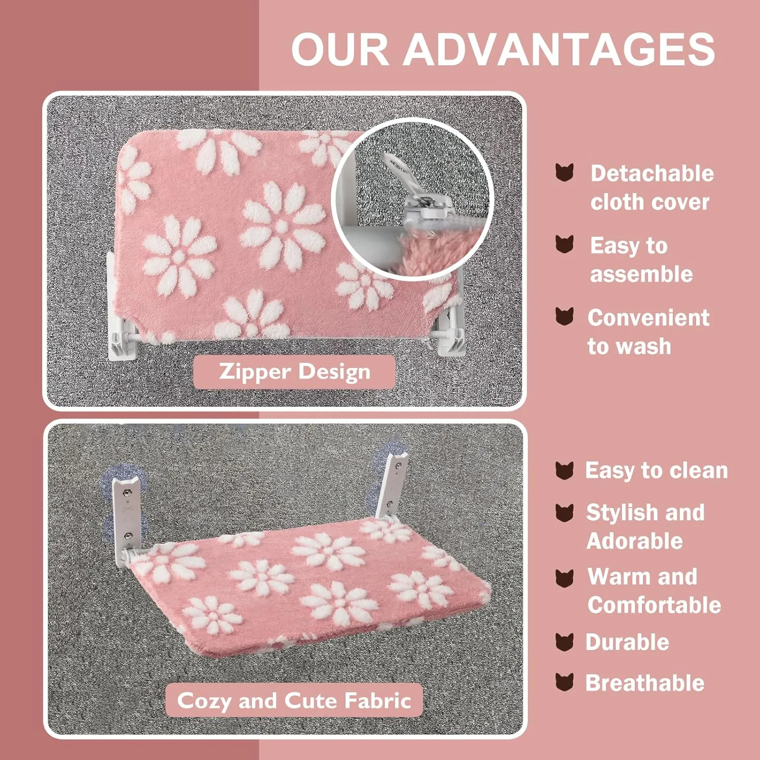 Cat Window Perch, Foldable Cat Window Hammock with Cute 3D Textured Flower Cover, Breathable Mesh Cover and Strong Suction Cups, Cordless Window Seat Bed for Indoor Cats (Pink, Medium)