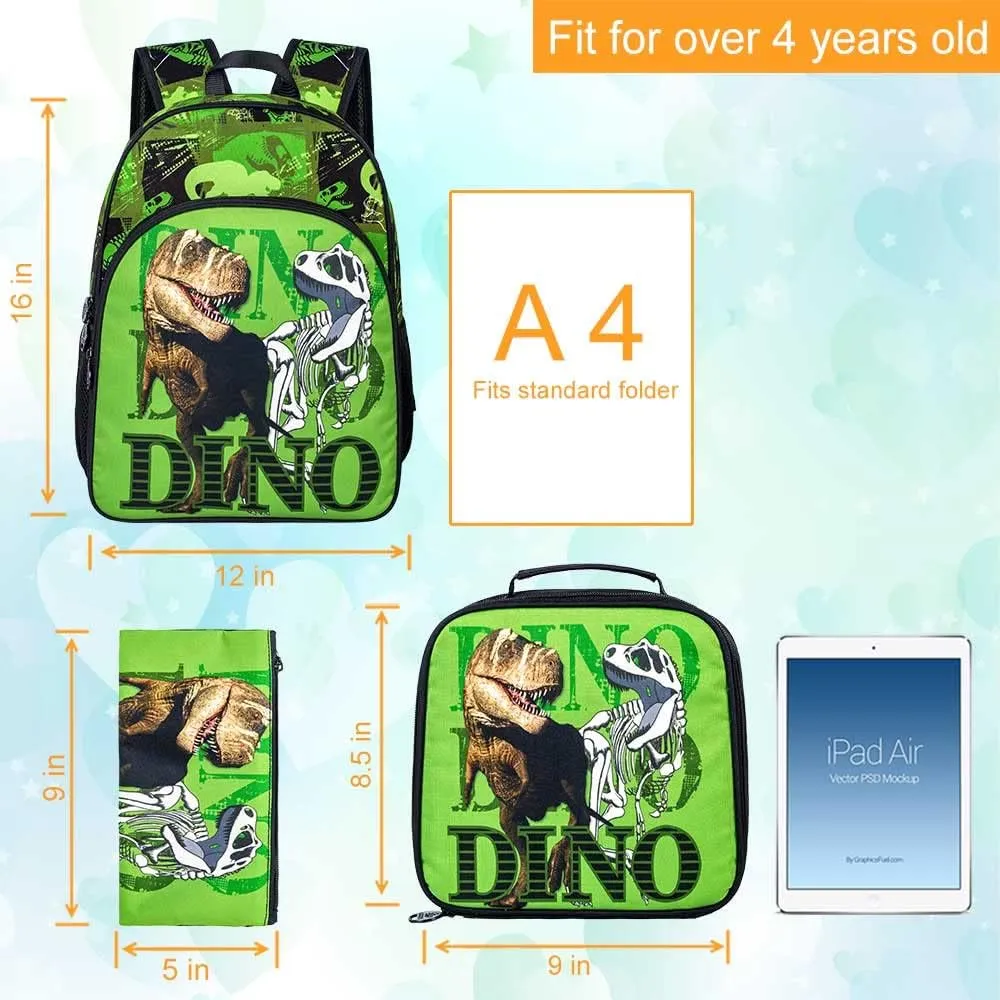 CCJPX Kids Backpack for Boys, 16” Dinosaur Preschool Bookbag and Lunch Box for Kindergarten Elementary
