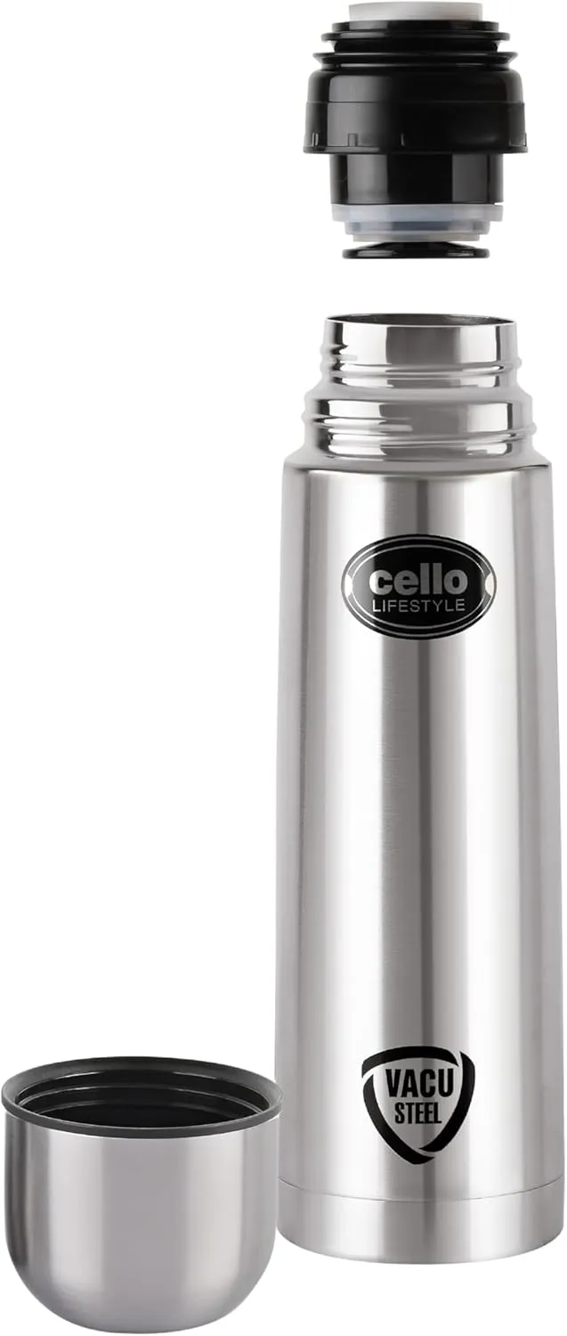 Cello Lifestyle Stainless Steel Vacuum Insulated Flask with Push-Down Lid | Leak Proof | Double Walled Silver Bottle for Home, Office, Travel (34oz, Silver)