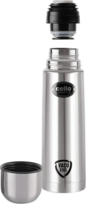 Cello Lifestyle Stainless Steel Vacuum Insulated Flask with Push-Down Lid | Leak Proof | Double Walled Silver Bottle for Home, Office, Travel (34oz, Silver)
