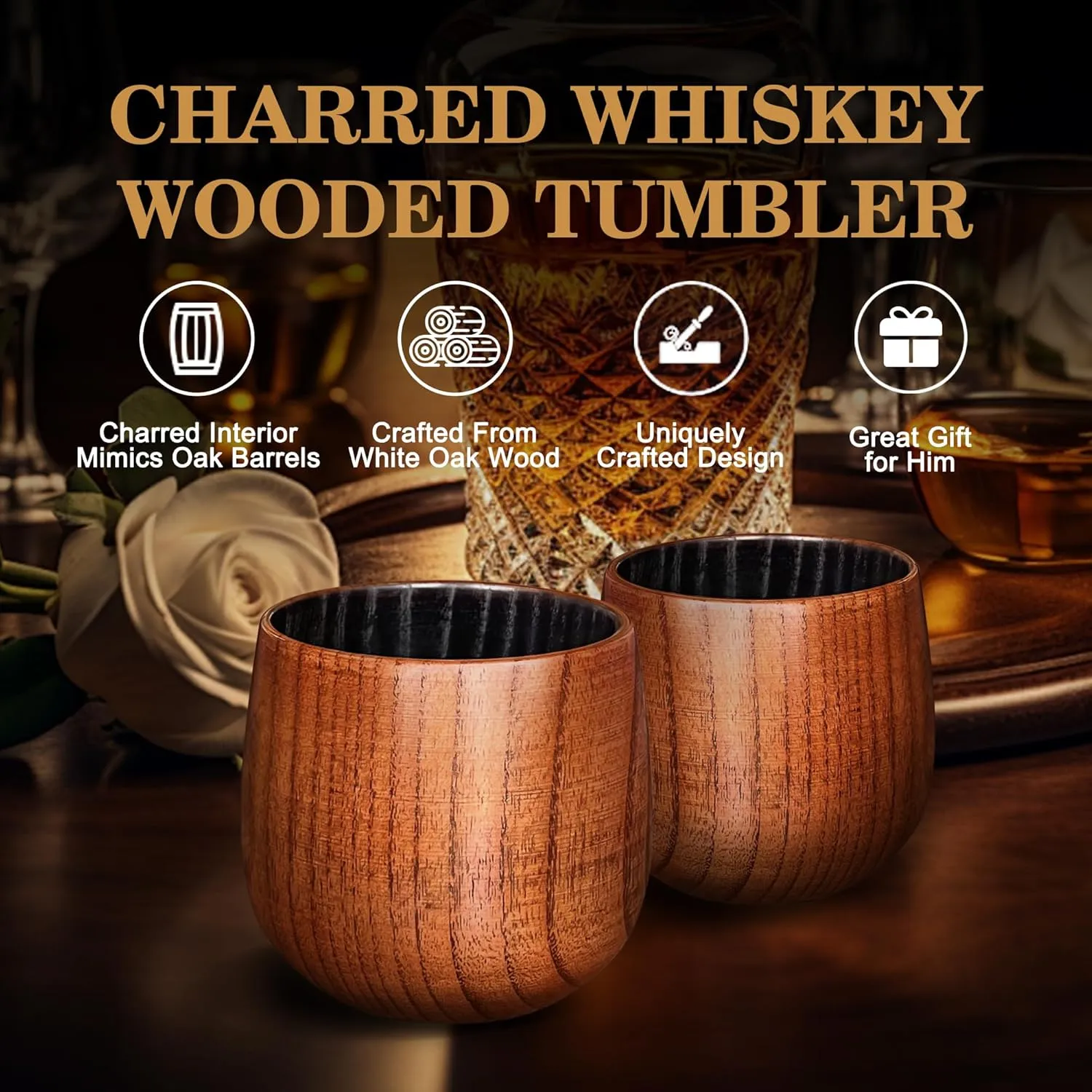 Charred Wooden Bourbon Drinking Glass, Bourbon Gifts for Men – 10oz Wooden Old Fashioned Glasses Set Whiskey Tumbler | Birthday Whiskey Gifts for Men, Dad or Brother Original Bourbon Tumbler (2 Pack)
