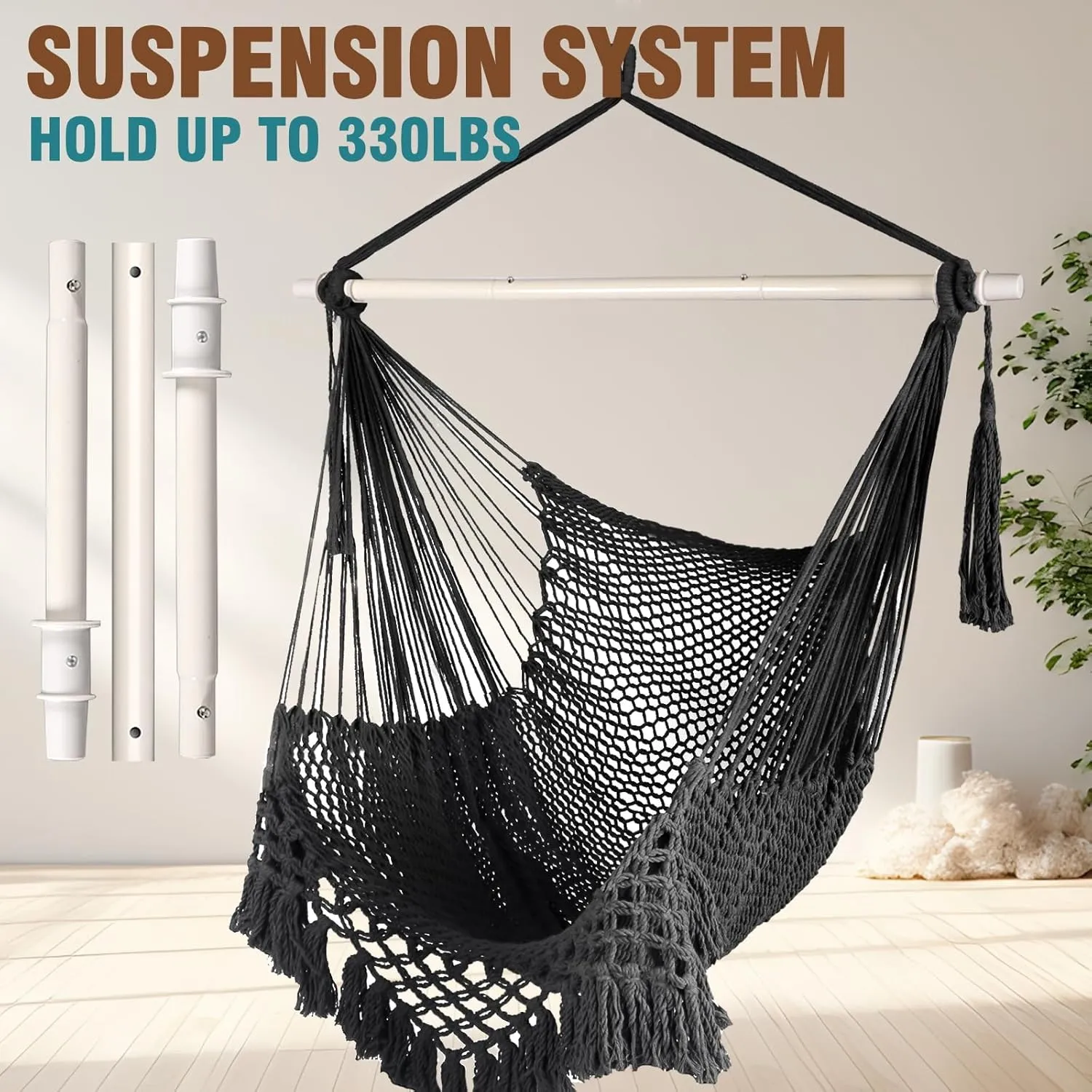 Chihee Hammock Chair Super Large Soft-Spun Cotton Rope Weaving Hanging Chair, Collapsible Strong Metal Spreader Bar Wide Seat Lace Stretch Swing Chairs Indoor Outdoor Garden Yard Theme Decoration