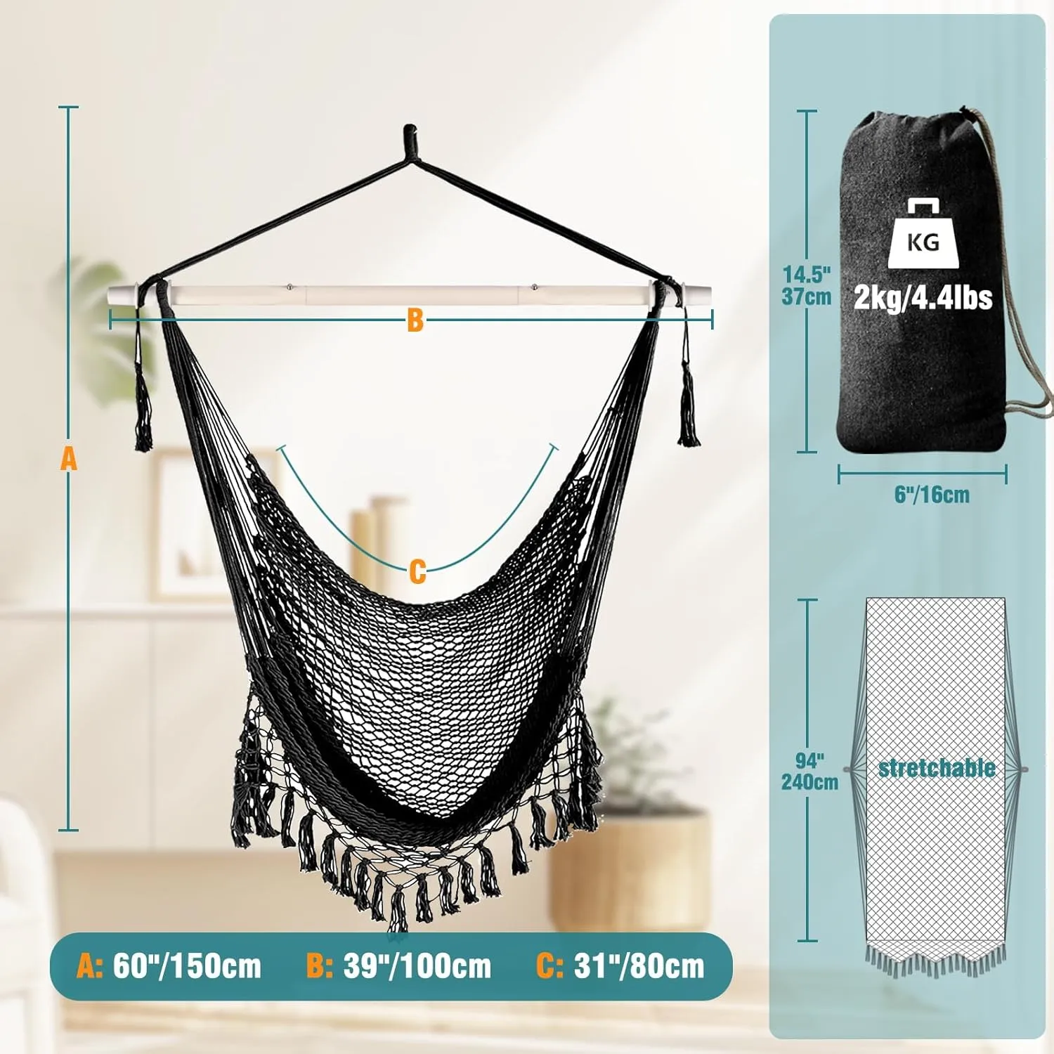 Chihee Hammock Chair Super Large Soft-Spun Cotton Rope Weaving Hanging Chair, Collapsible Strong Metal Spreader Bar Wide Seat Lace Stretch Swing Chairs Indoor Outdoor Garden Yard Theme Decoration