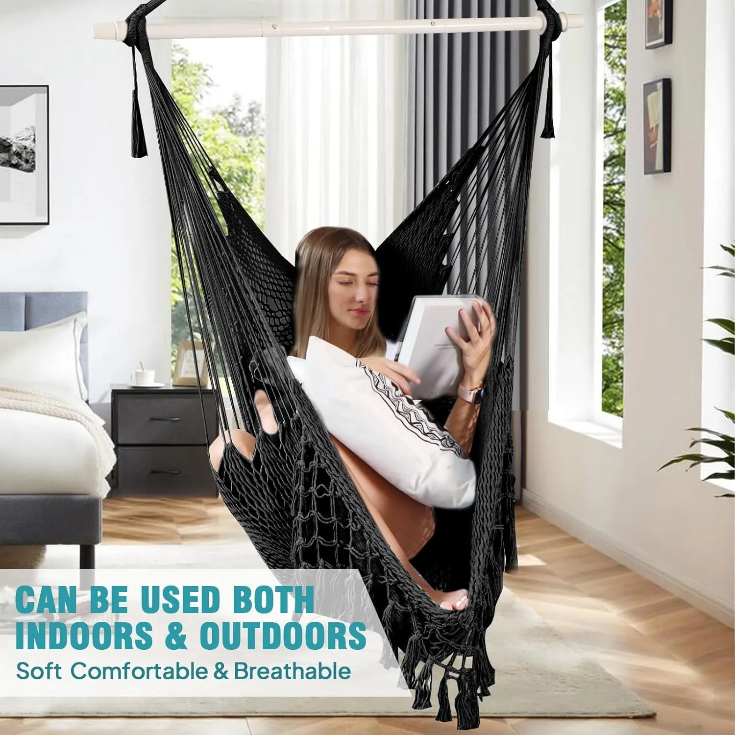 Chihee Hammock Chair Super Large Soft-Spun Cotton Rope Weaving Hanging Chair, Collapsible Strong Metal Spreader Bar Wide Seat Lace Stretch Swing Chairs Indoor Outdoor Garden Yard Theme Decoration