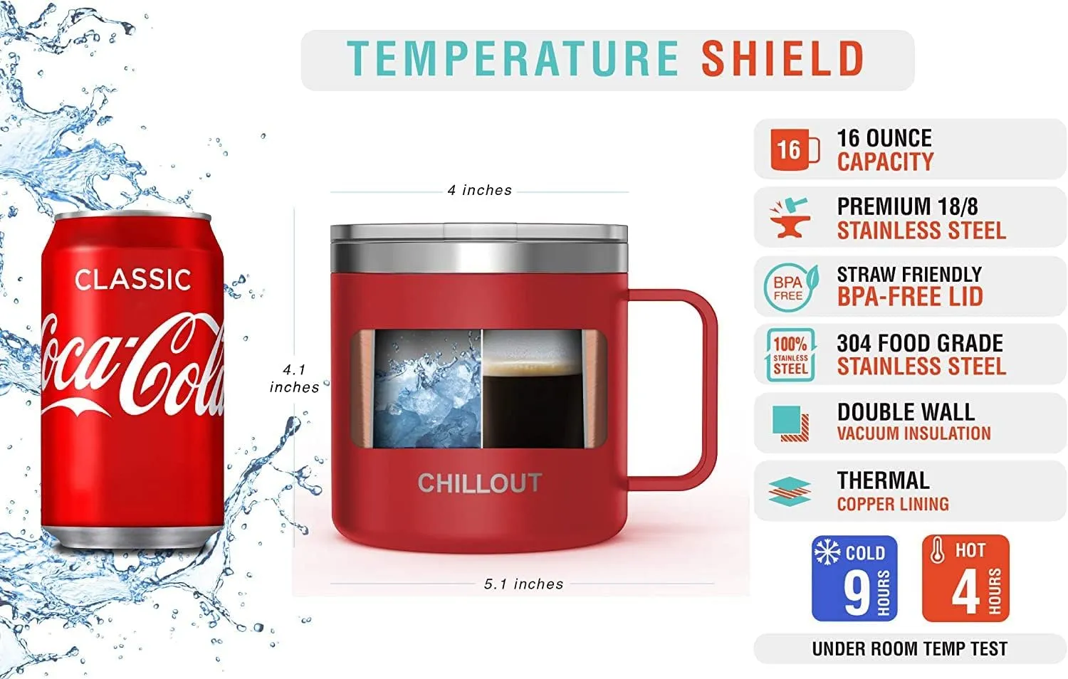 CHILLOUT LIFE Stainless Steel 16 oz Vacuum Insulated Coffee Mug with Handle and Lid, Large Thermal Camping Coffee Mugs with Sliding Lid for Men & Women, Keeps your Beverages Hot/Cold, 2 Pack