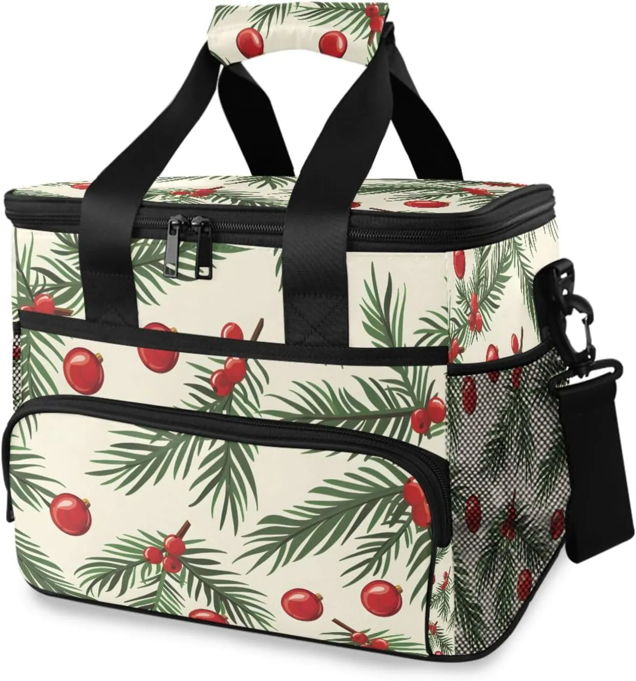 Christmas Tree Branches Balls Cooler Bag Insulated Cooler Soft Sided Cooler 24 Can Portable Picnic Bag Large Leakproof Lunch Bag Box for Beach Grocery Camping Travel Car Men Women