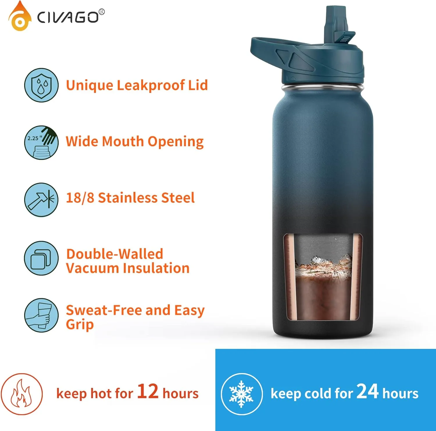 CIVAGO 22 oz Insulated Water Bottle With Straw, Stainless Steel Sports Water Flask Cup with 3 Lids (Straw, Portable Spout and Handle Lid), Double Walled Travel Thermal Canteen Mug, Dark Rainbow