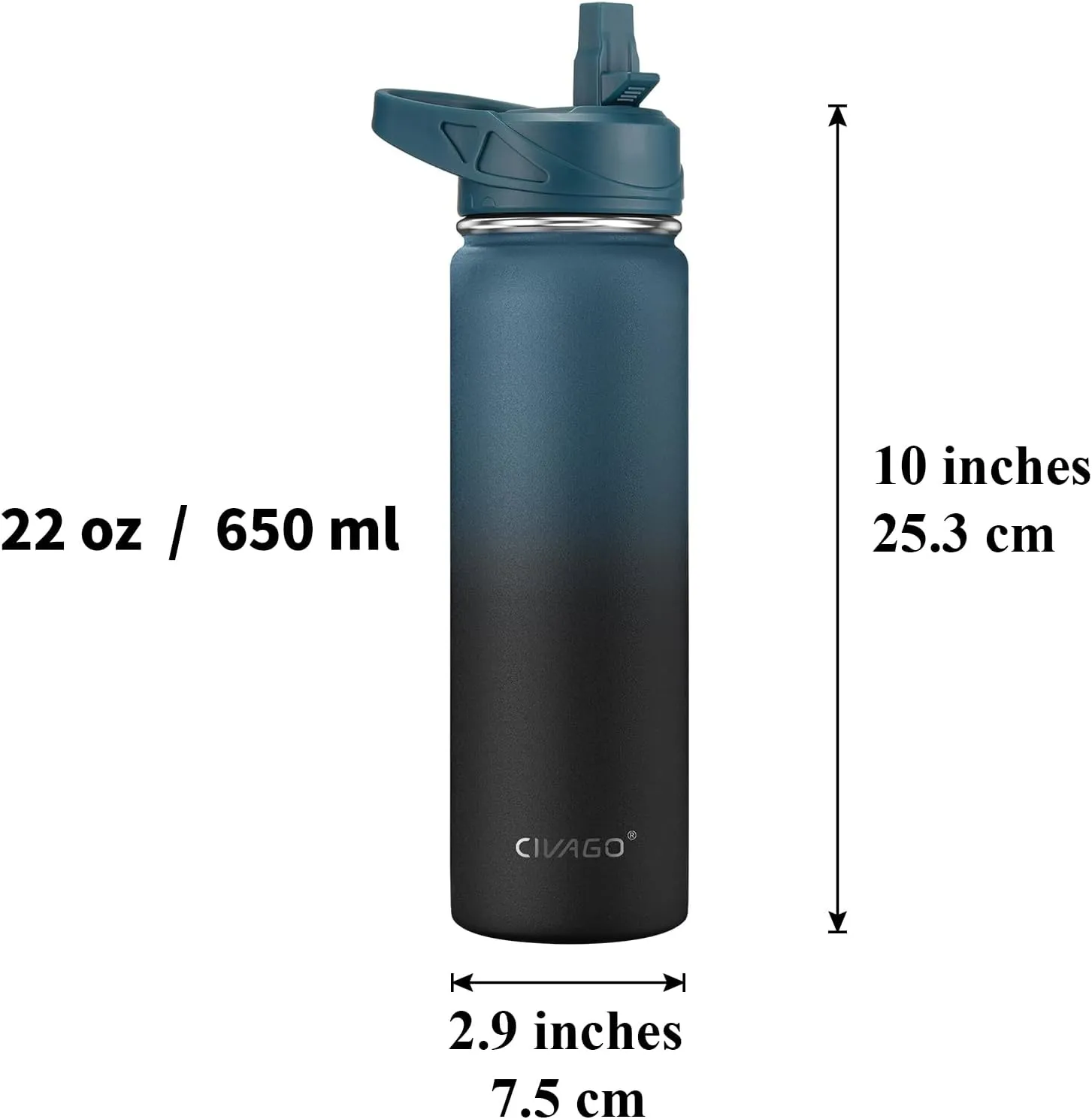 CIVAGO 22 oz Insulated Water Bottle With Straw, Stainless Steel Sports Water Flask Cup with 3 Lids (Straw, Portable Spout and Handle Lid), Double Walled Travel Thermal Canteen Mug, Dark Rainbow