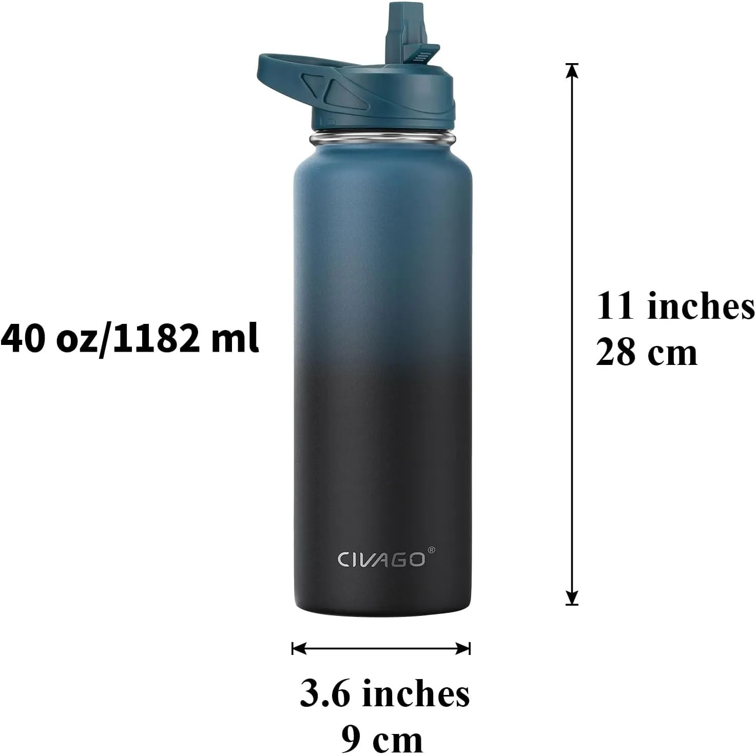 CIVAGO 40 oz Insulated Water Bottle With Straw, Stainless Steel Sports Water Flask Cup with 3 Lids (Straw, Portable Spout and Handle Lid), Double Walled Travel Thermal Canteen Mug, Dark Rainbow