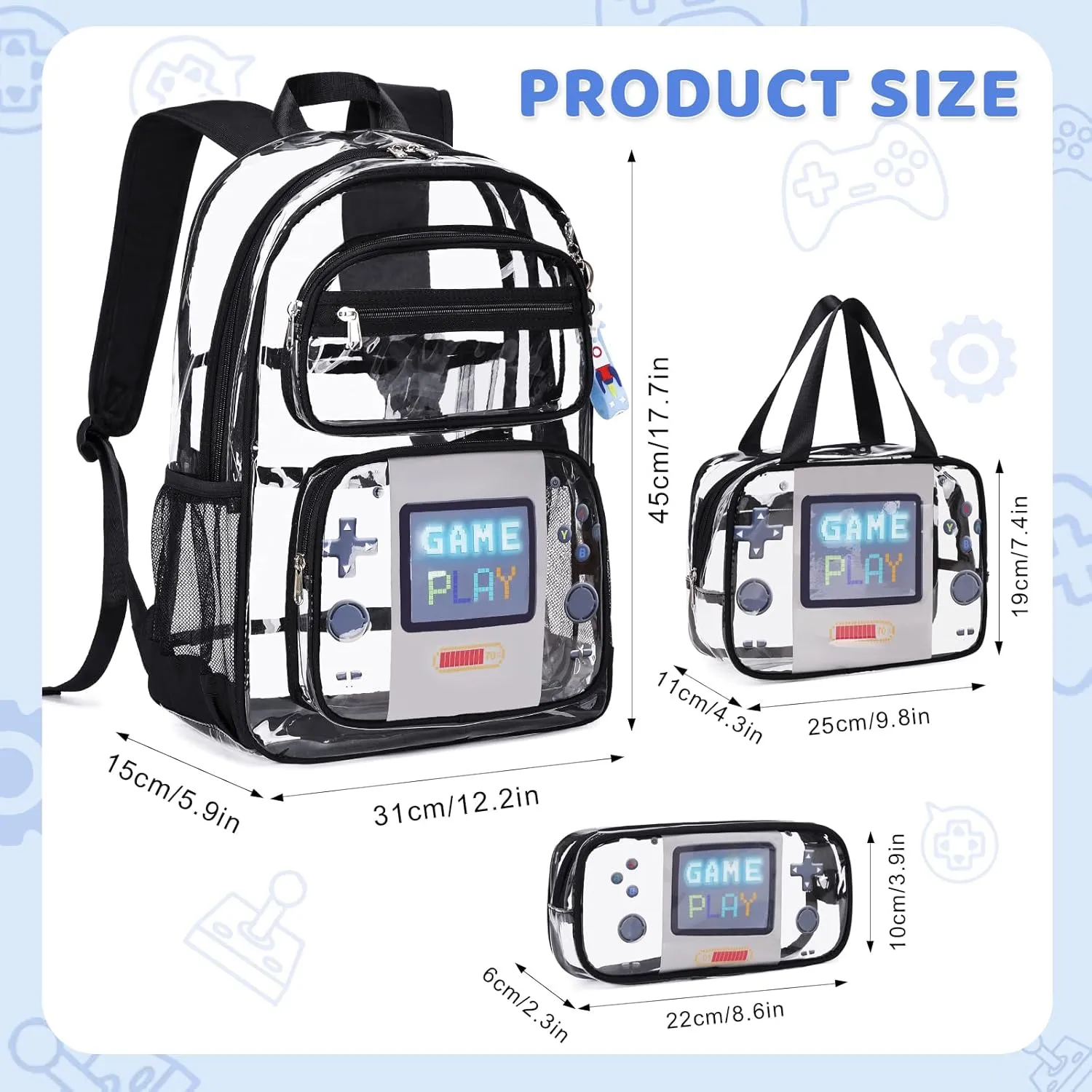 Clear Backpack for Boys Girls - 3 Pcs Clear Heavy Duty with Lunch Bag - See Through Backpack Stadium Approved
