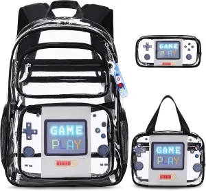 Clear Backpack for Boys Girls - 3 Pcs Clear Heavy Duty with Lunch Bag - See Through Backpack Stadium Approved