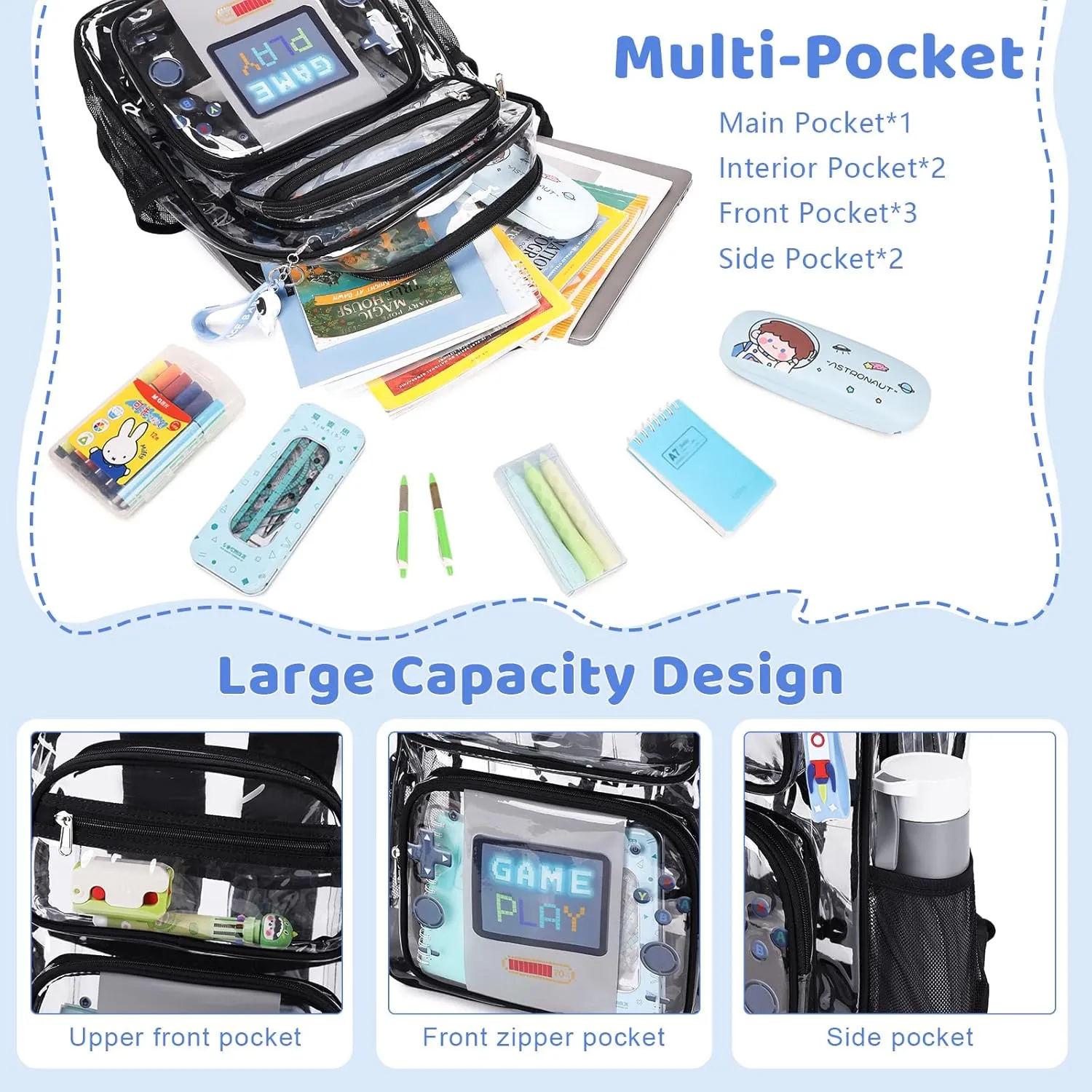 Clear Backpack for Boys Girls - 3 Pcs Clear Heavy Duty with Lunch Bag - See Through Backpack Stadium Approved