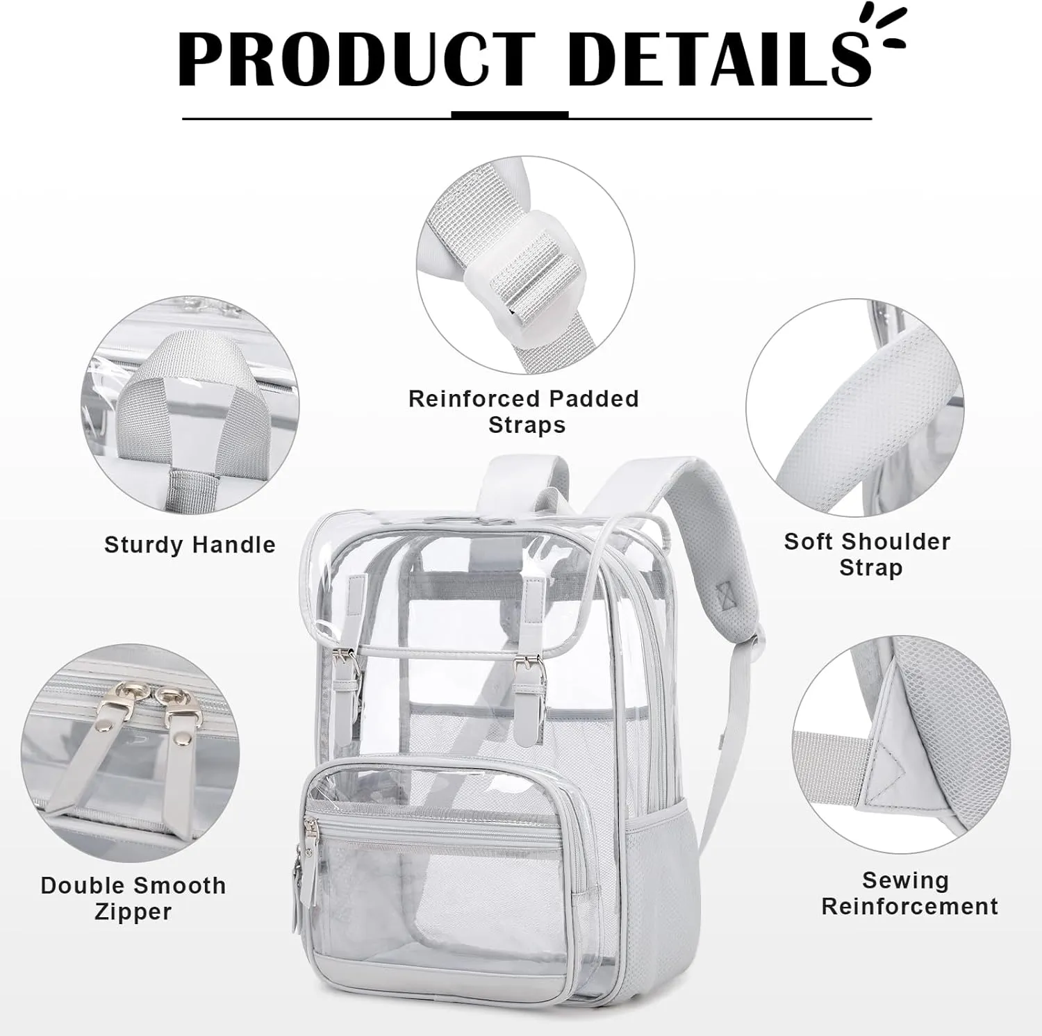 Clear Backpack Heavy Duty Thick - Clear Bookbag with Lunch Bag Set for School See Through PVC Transparent Backpacks for College Travel Work Girls Women (Grey)