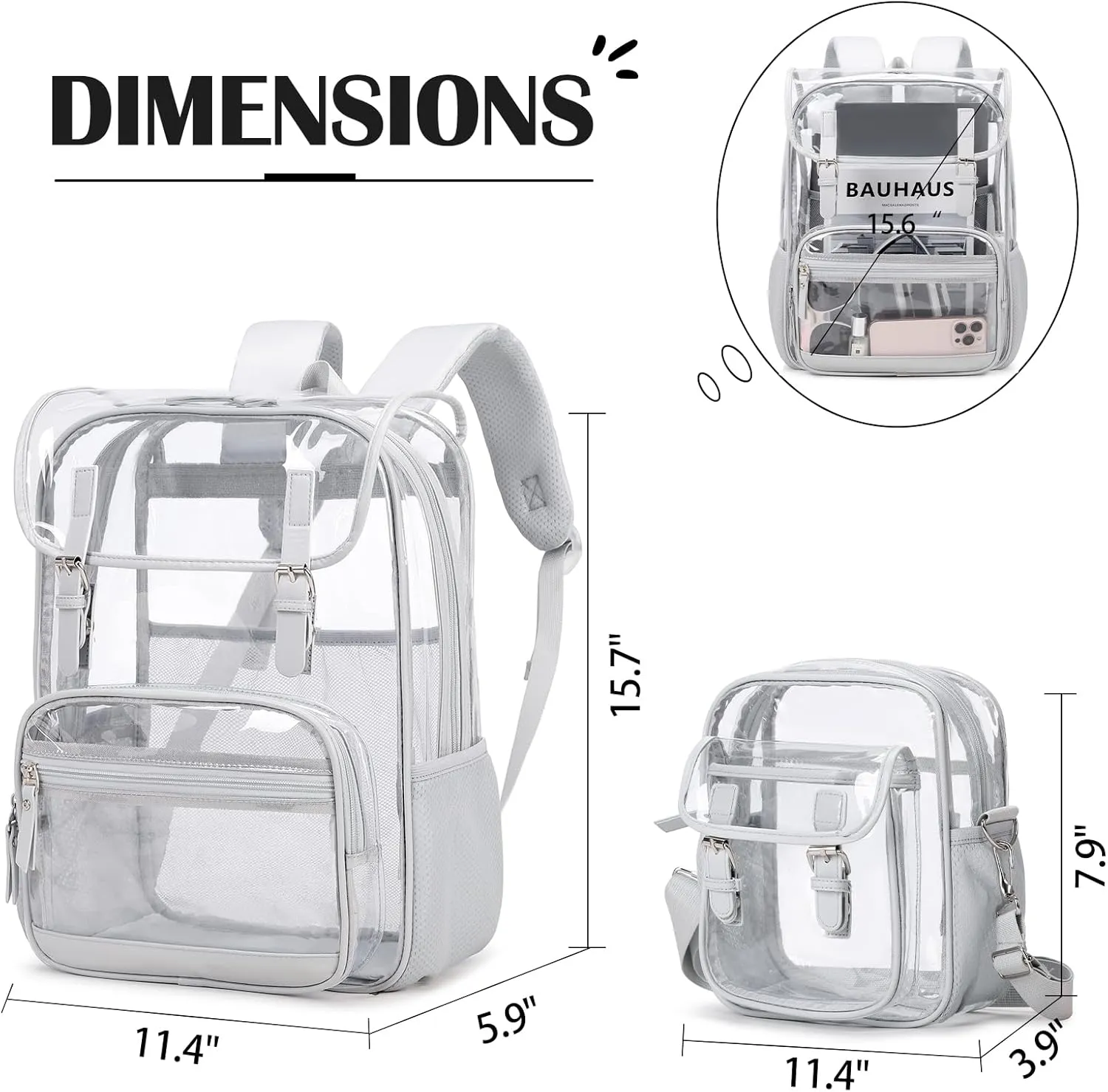 Clear Backpack Heavy Duty Thick - Clear Bookbag with Lunch Bag Set for School See Through PVC Transparent Backpacks for College Travel Work Girls Women (Grey)